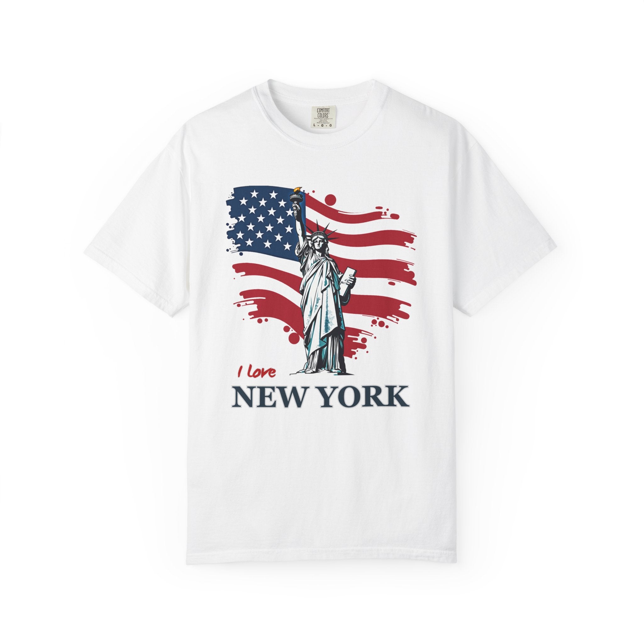 White t-shirt with Statue of Liberty and American flag design on a white background