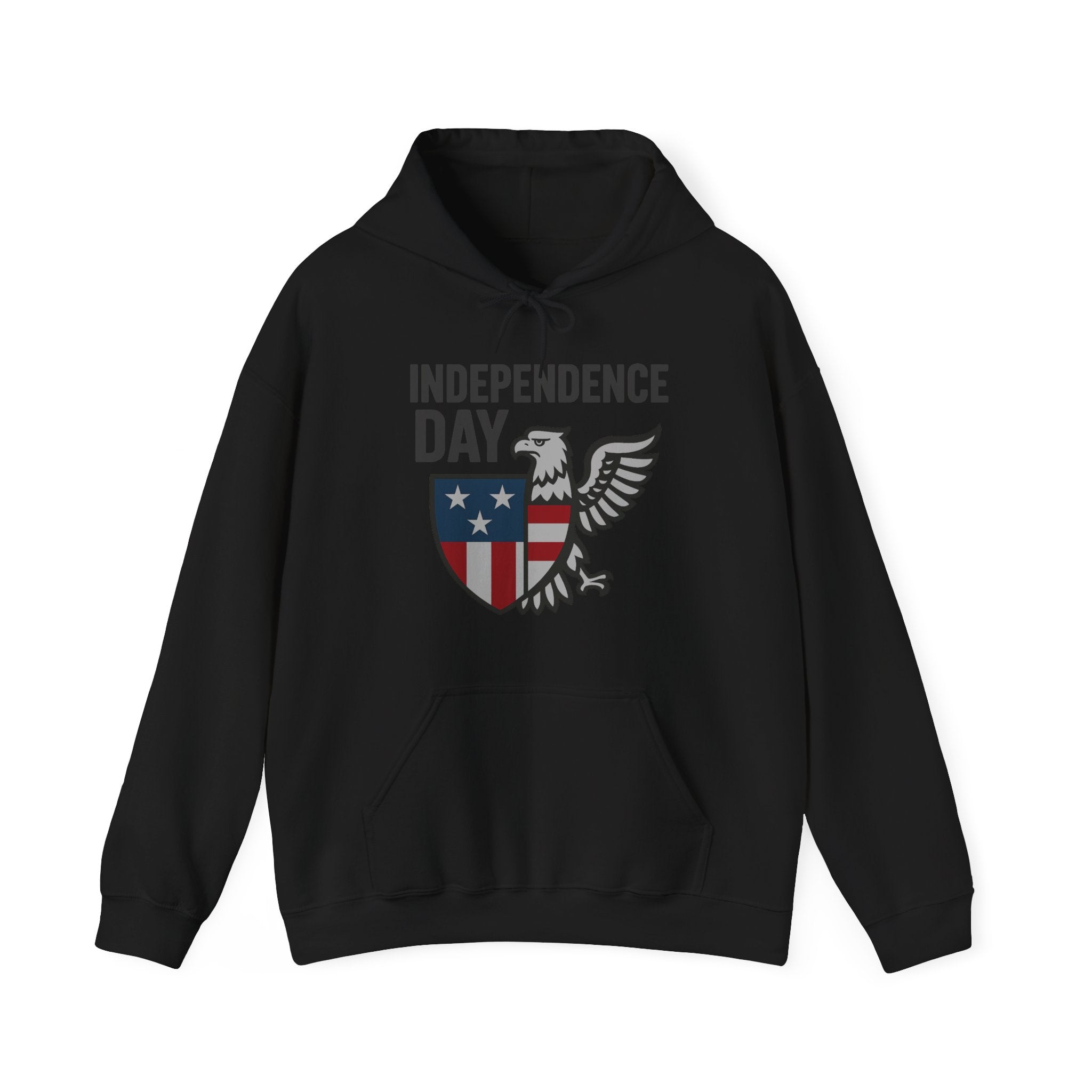 Black hoodie with 'Independence Day' design featuring an eagle and American flag on a white background