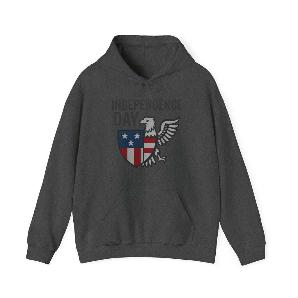 Gray hoodie with 'Independence Day' and eagle design on a white background