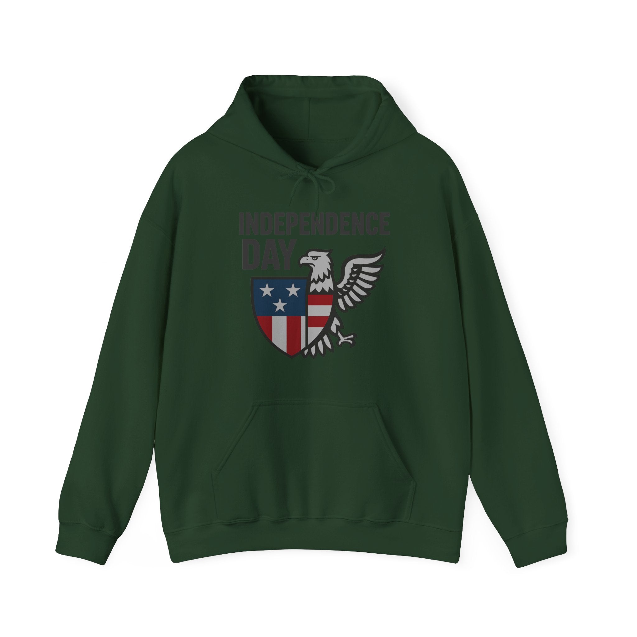 Forest green hoodie with Independence Day design on a white background