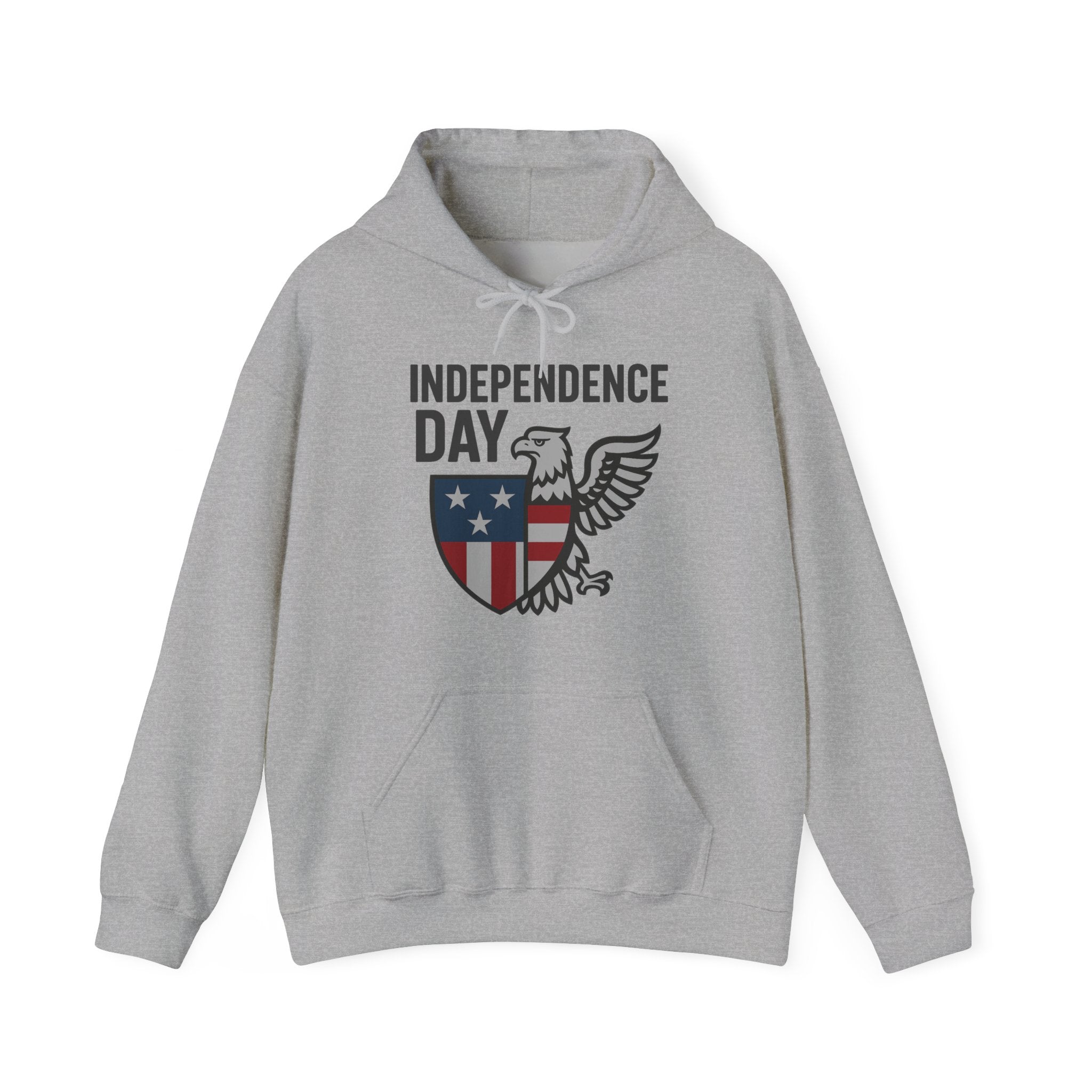 Gray hoodie with 'Independence Day' and eagle design on a white background