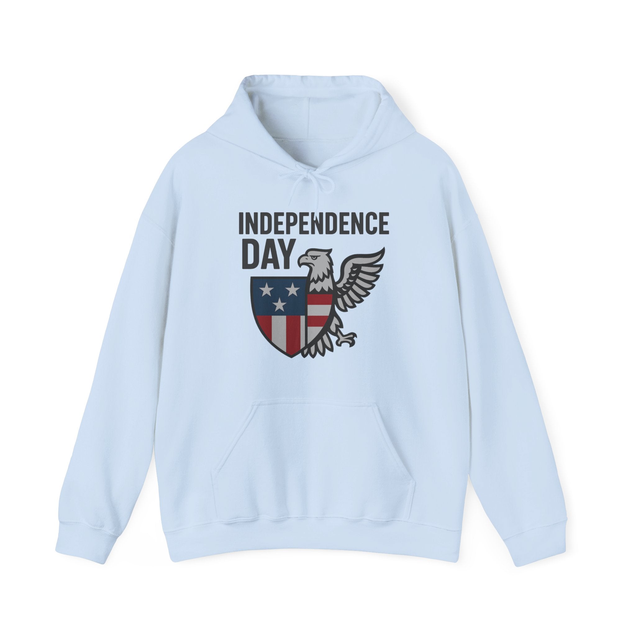 Light blue hoodie with 'Independence Day' and eagle design on a white background