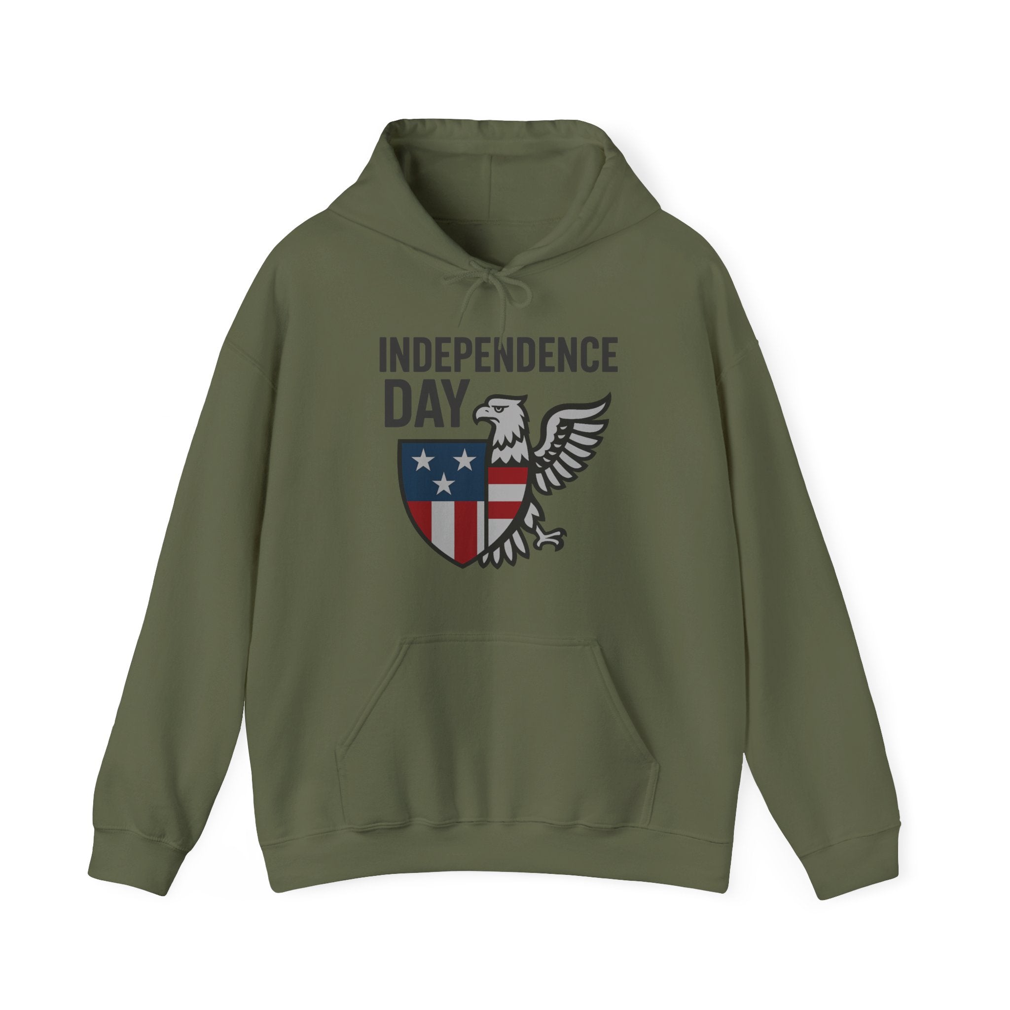 Military green hoodie with 'Independence Day' and eagle design on a white background