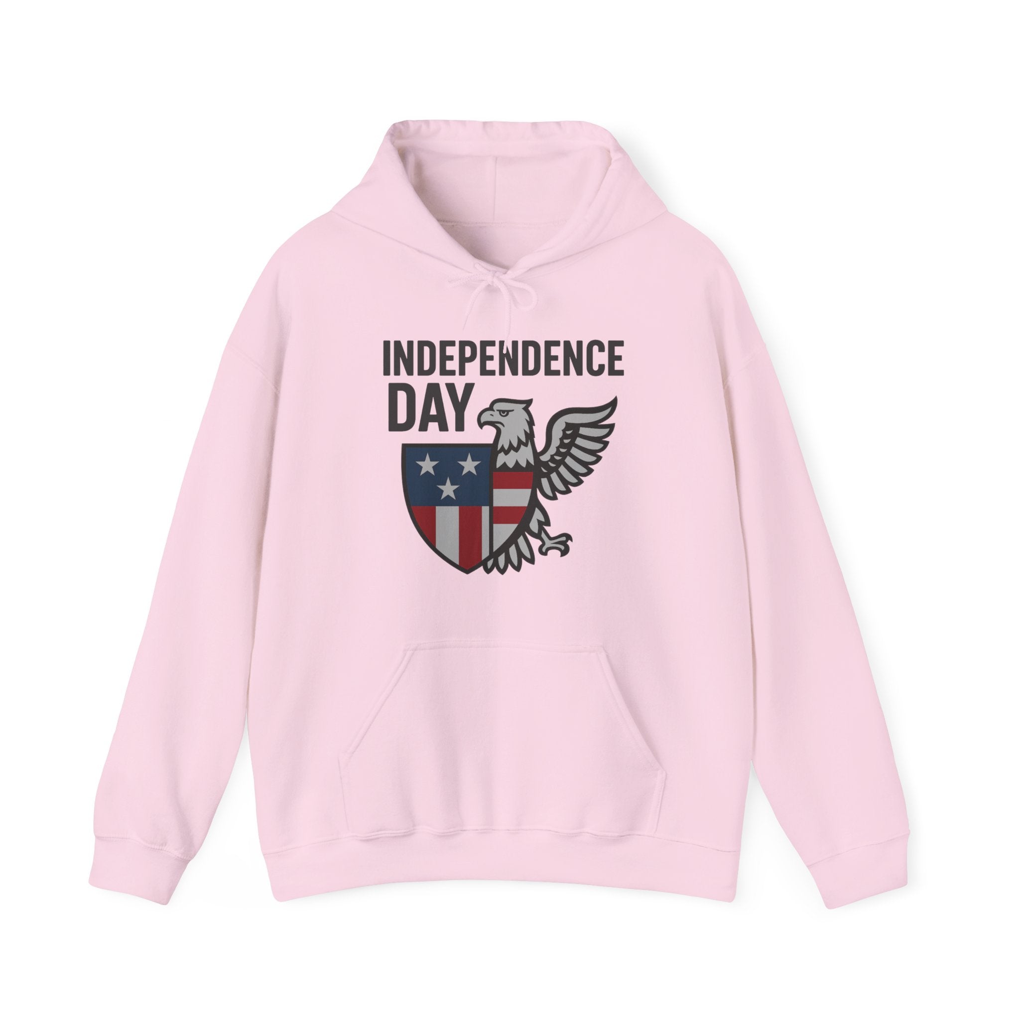 Pink hoodie with 'Independence Day' and eagle design on a white background
