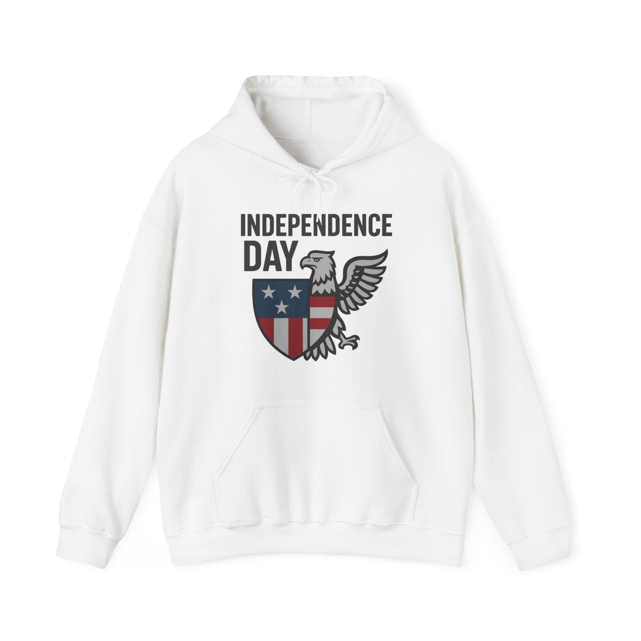 White hoodie with 'Independence Day' and eagle design on a white background