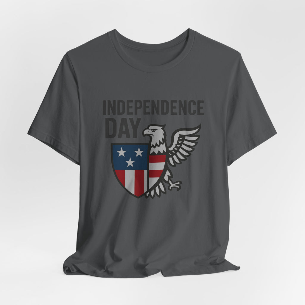 Gray t-shirt with 'Independence Day' design featuring an eagle and shield on a white background