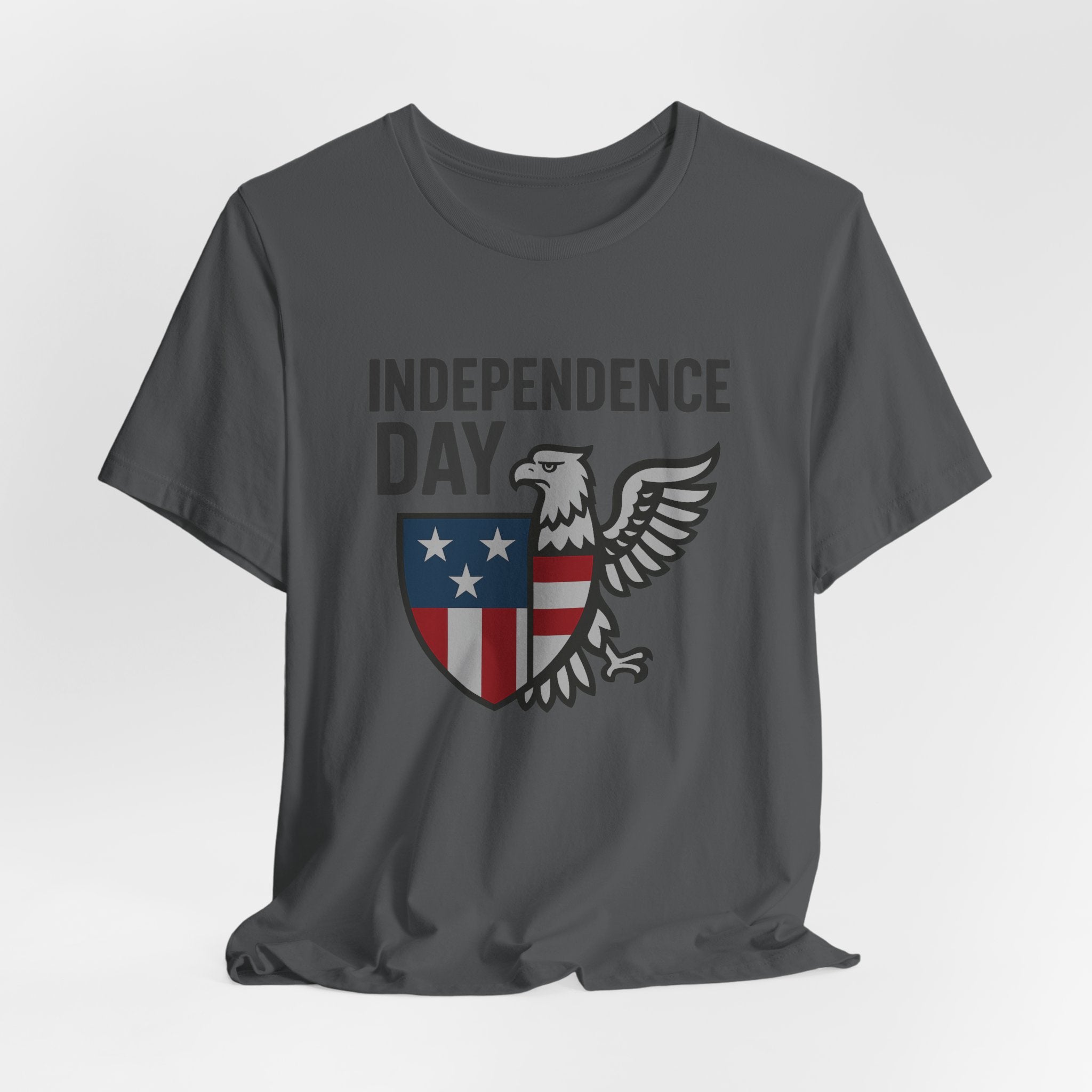 Gray t-shirt with 'Independence Day' design featuring an eagle and shield on a white background