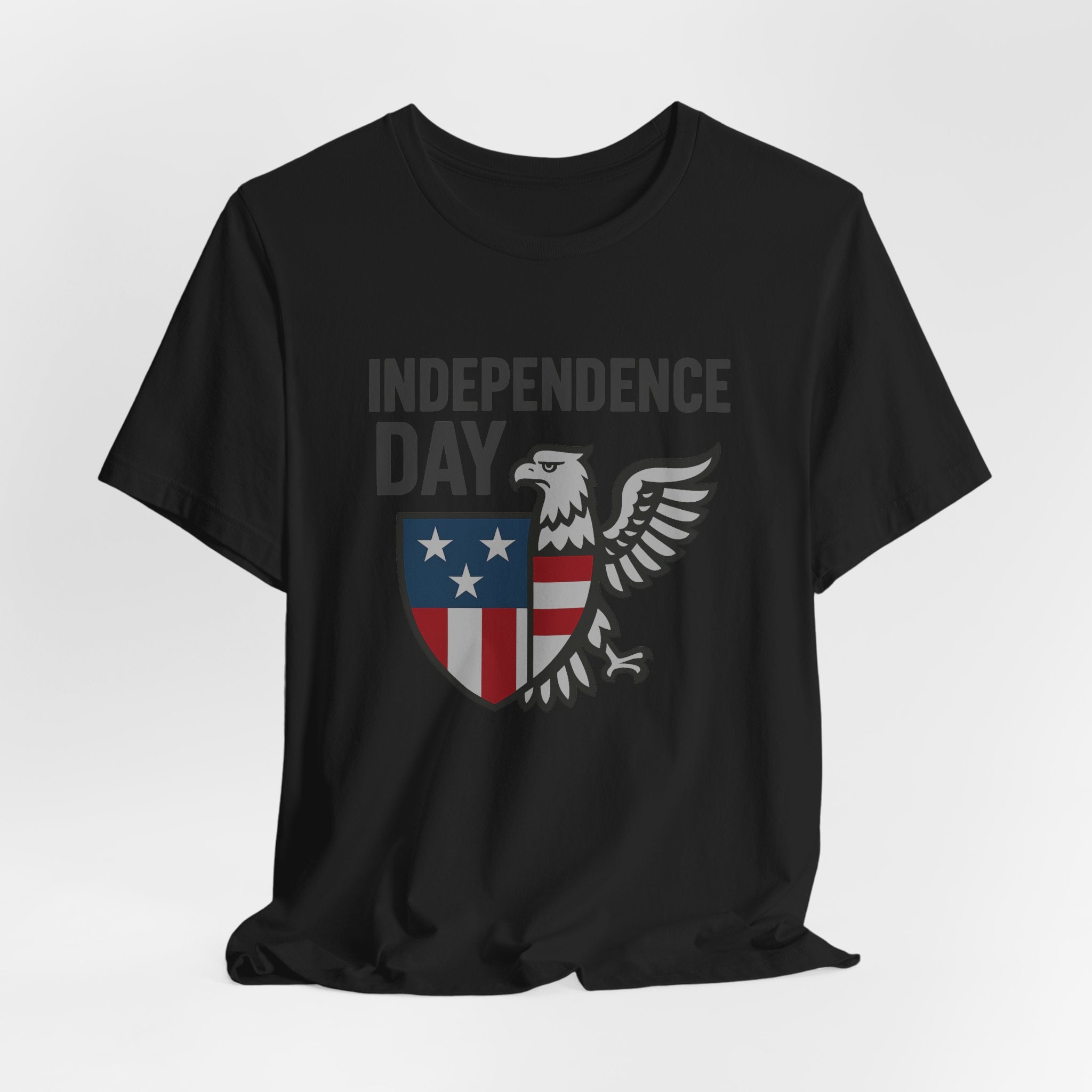 Black t-shirt with 'Independence Day' design featuring an eagle and shield on a white background