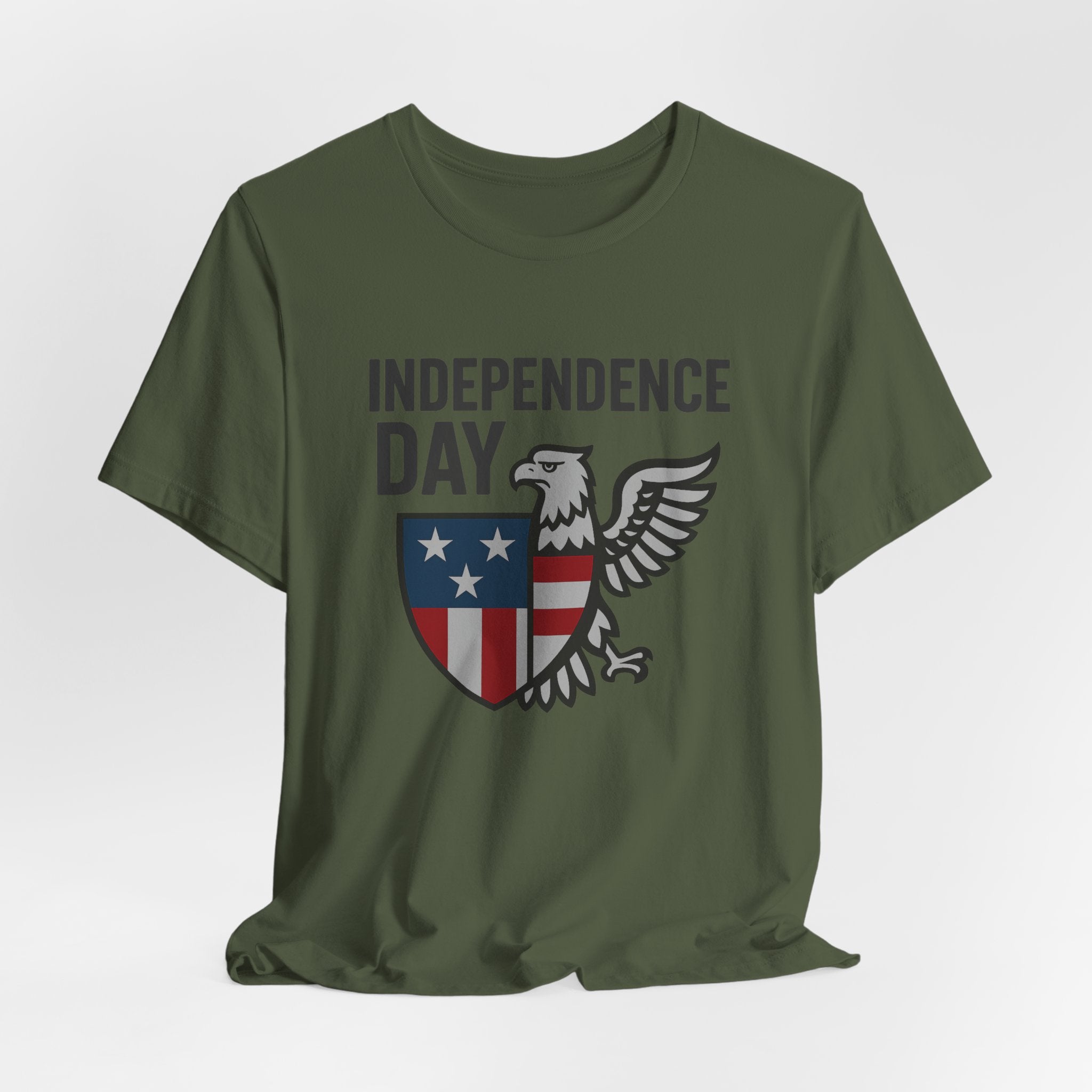 Military green t-shirt with 'Independence Day' design featuring an eagle and shield on a white background