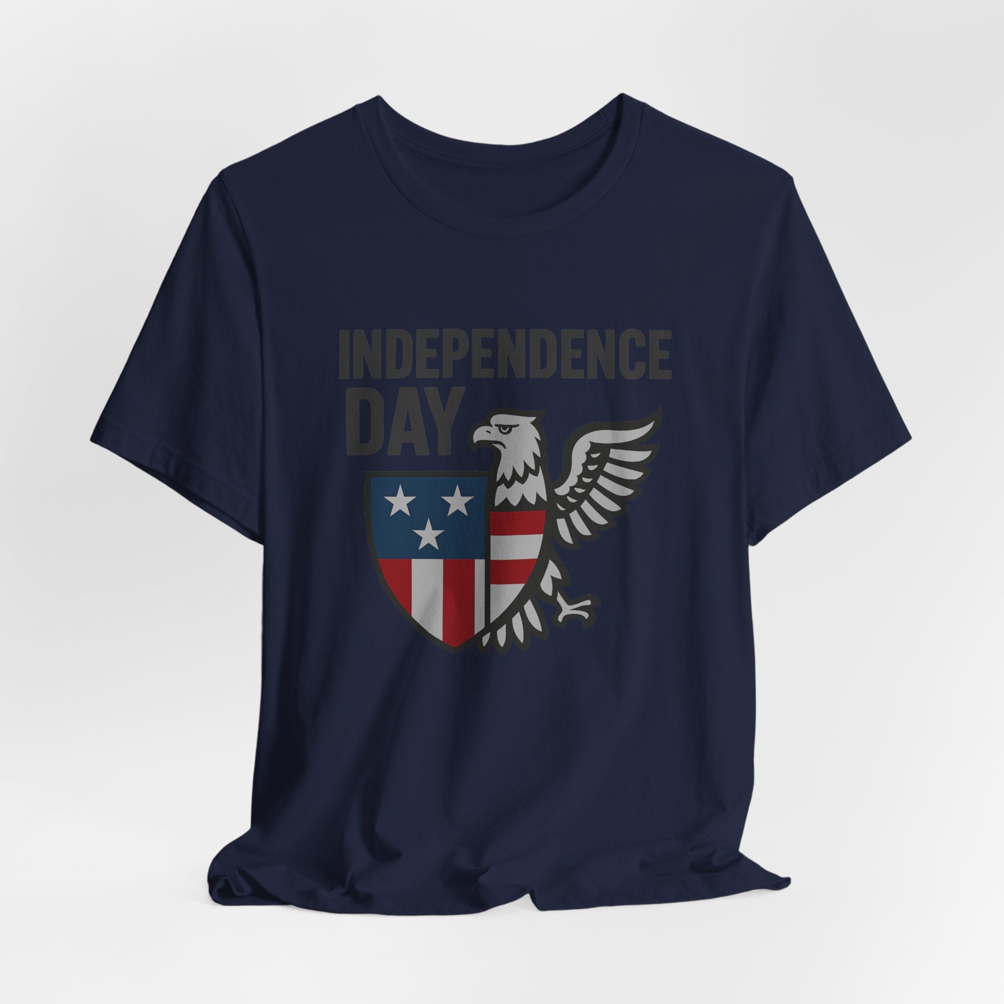 Navy blue t-shirt with 'Independence Day' graphic featuring an eagle and shield on a white background