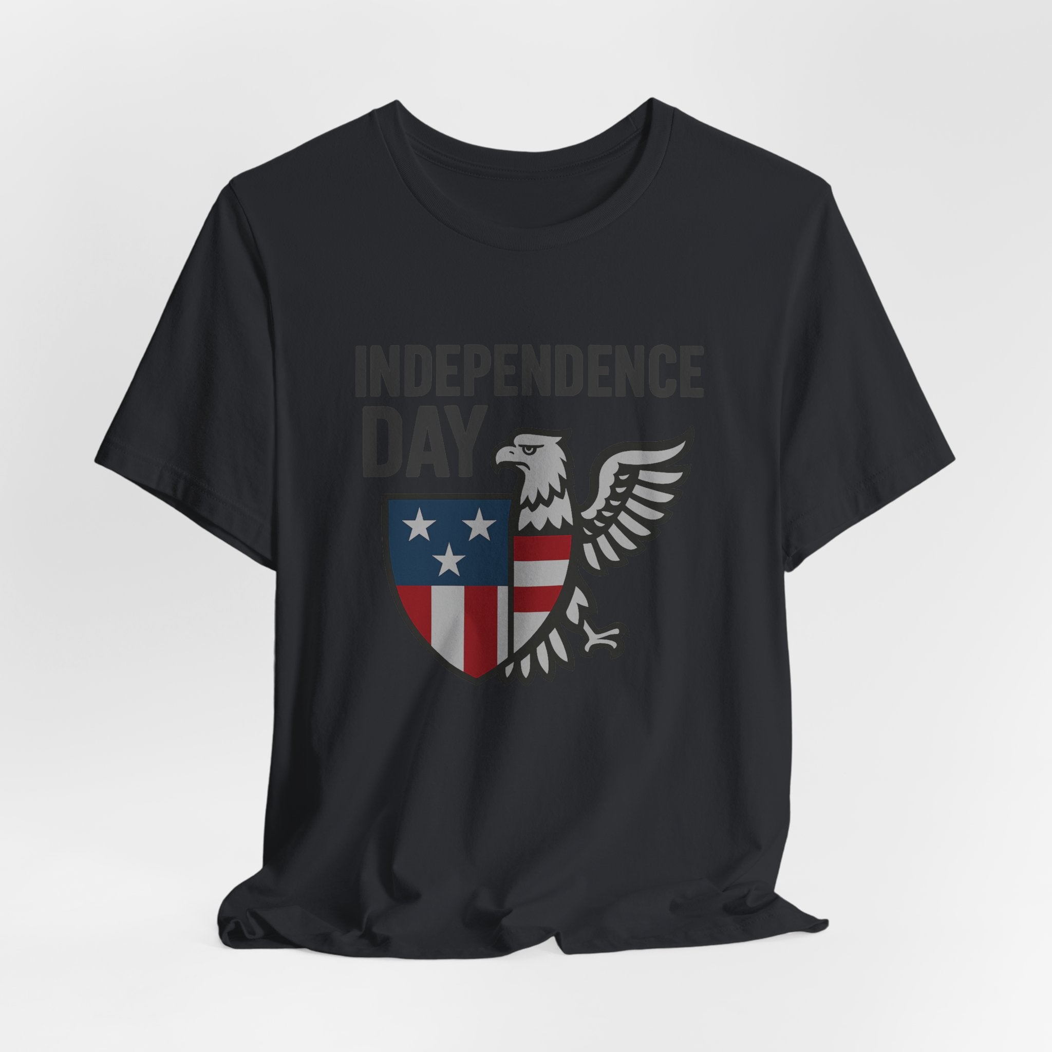 Vintage black t-shirt with 'Independence Day' design featuring an eagle and shield on a white background