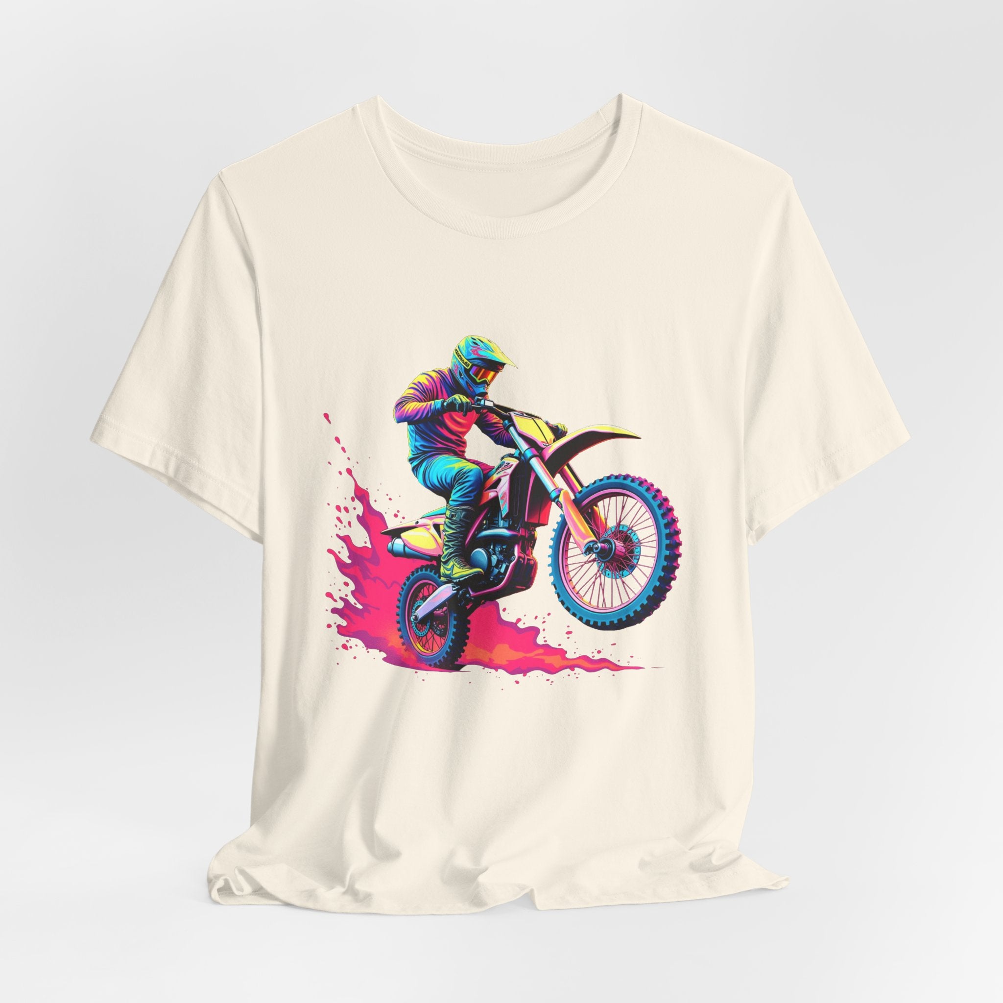 Ivory t-shirt with a colorful graphic of a motocross rider on a bike