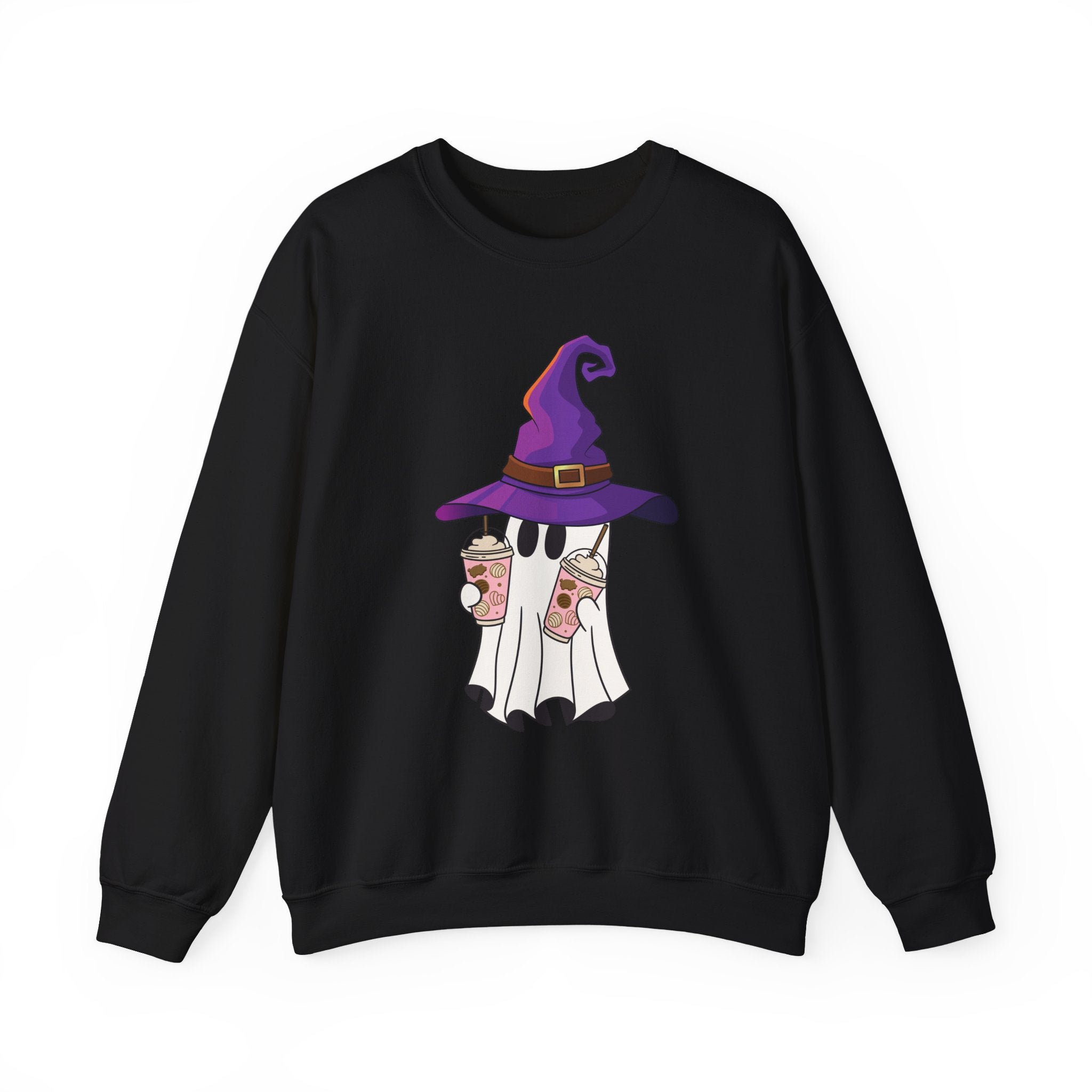 Black sweatshirt with a ghost wearing a witch hat and holding coffee cups design on a white background