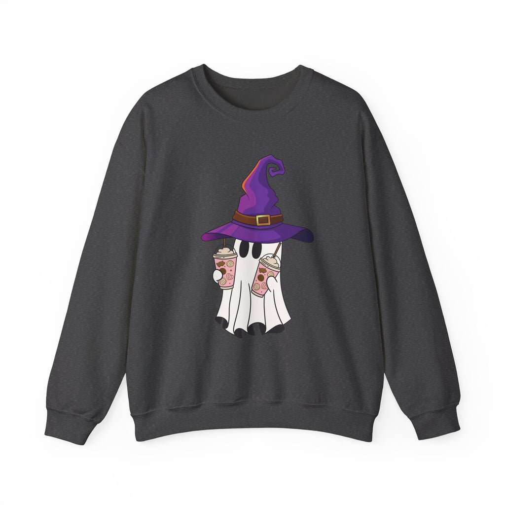 Dark heather gray sweatshirt with a ghost wearing a purple witch hat and holding coffee cups design on a white background.