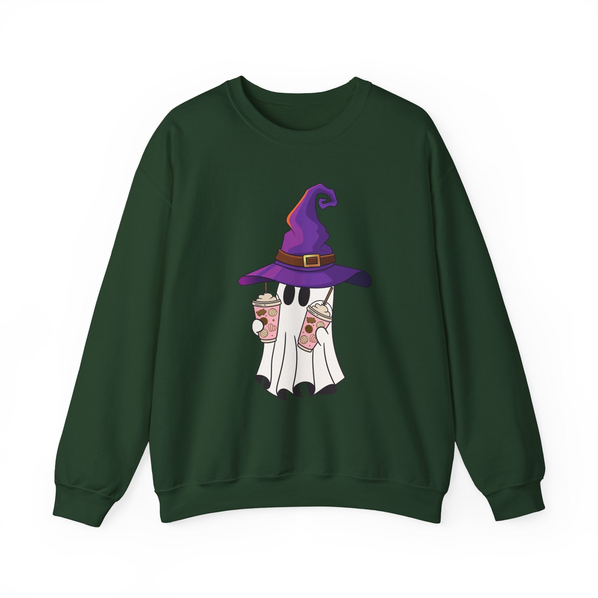Forest green sweatshirt with a ghost wearing a witch hat design on a white background