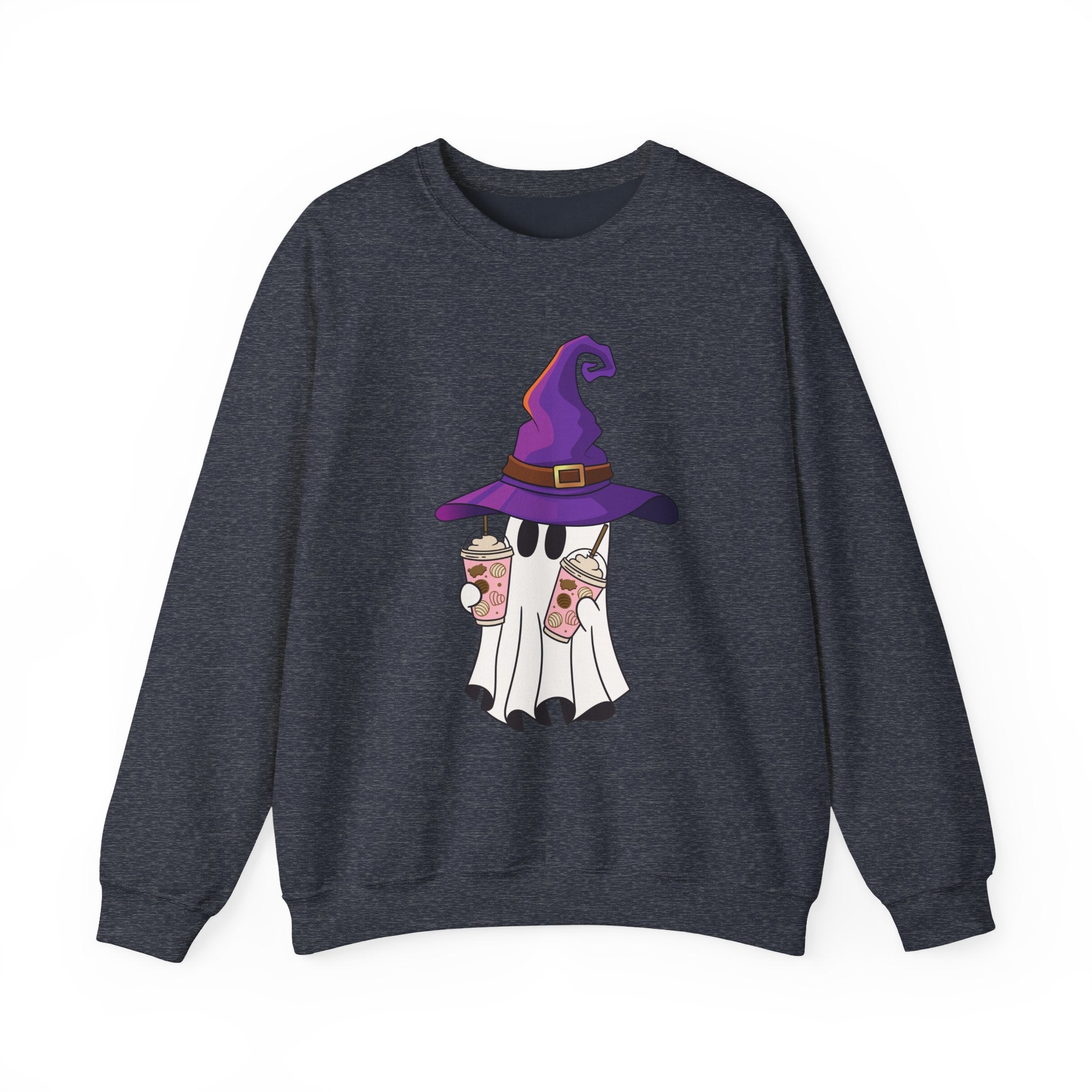 Heather sport dark navy sweatshirt with a ghost wearing a witch hat and holding coffee cups design on a white background