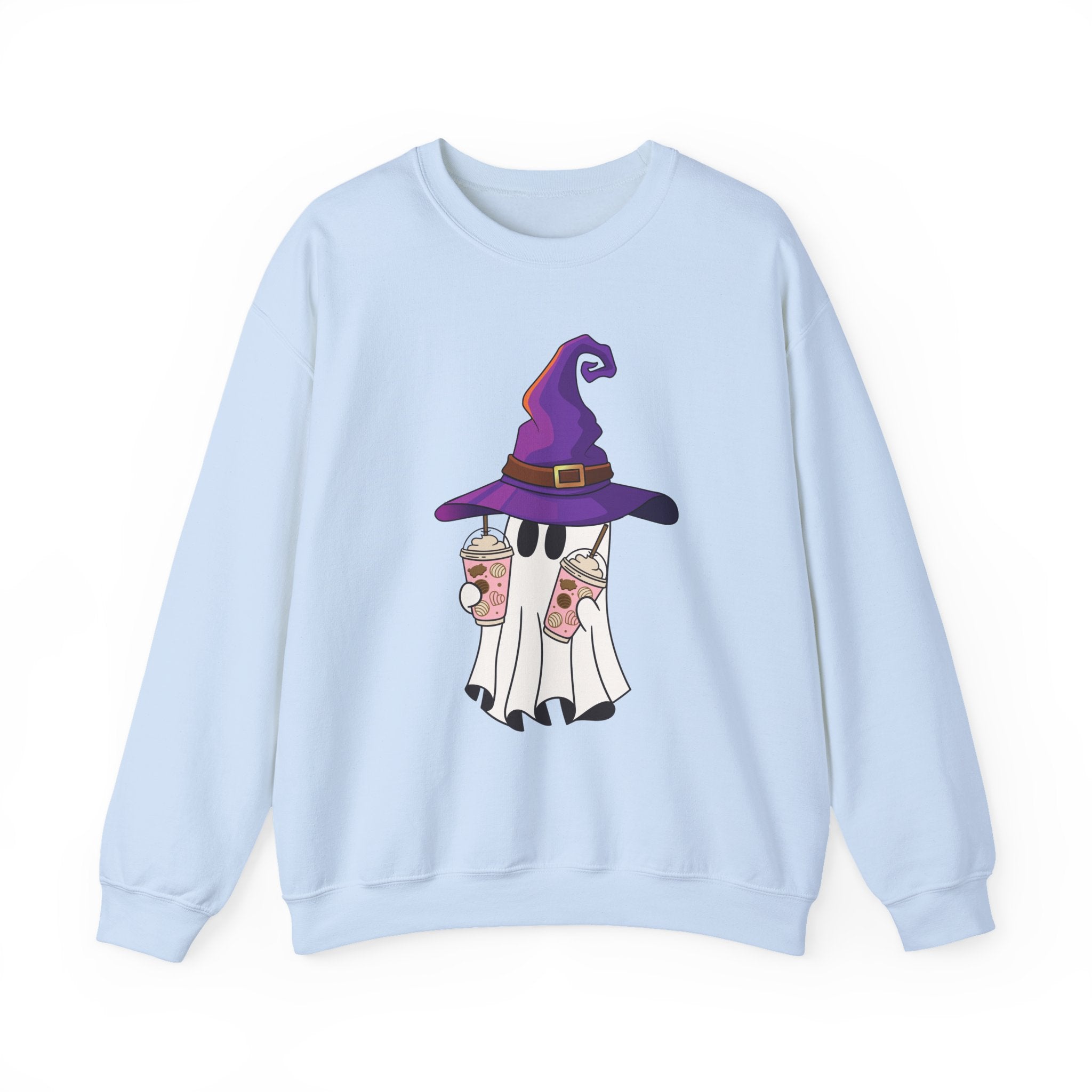 Light blue sweatshirt with a ghost wearing a witch hat and holding coffee cups design on a white background.