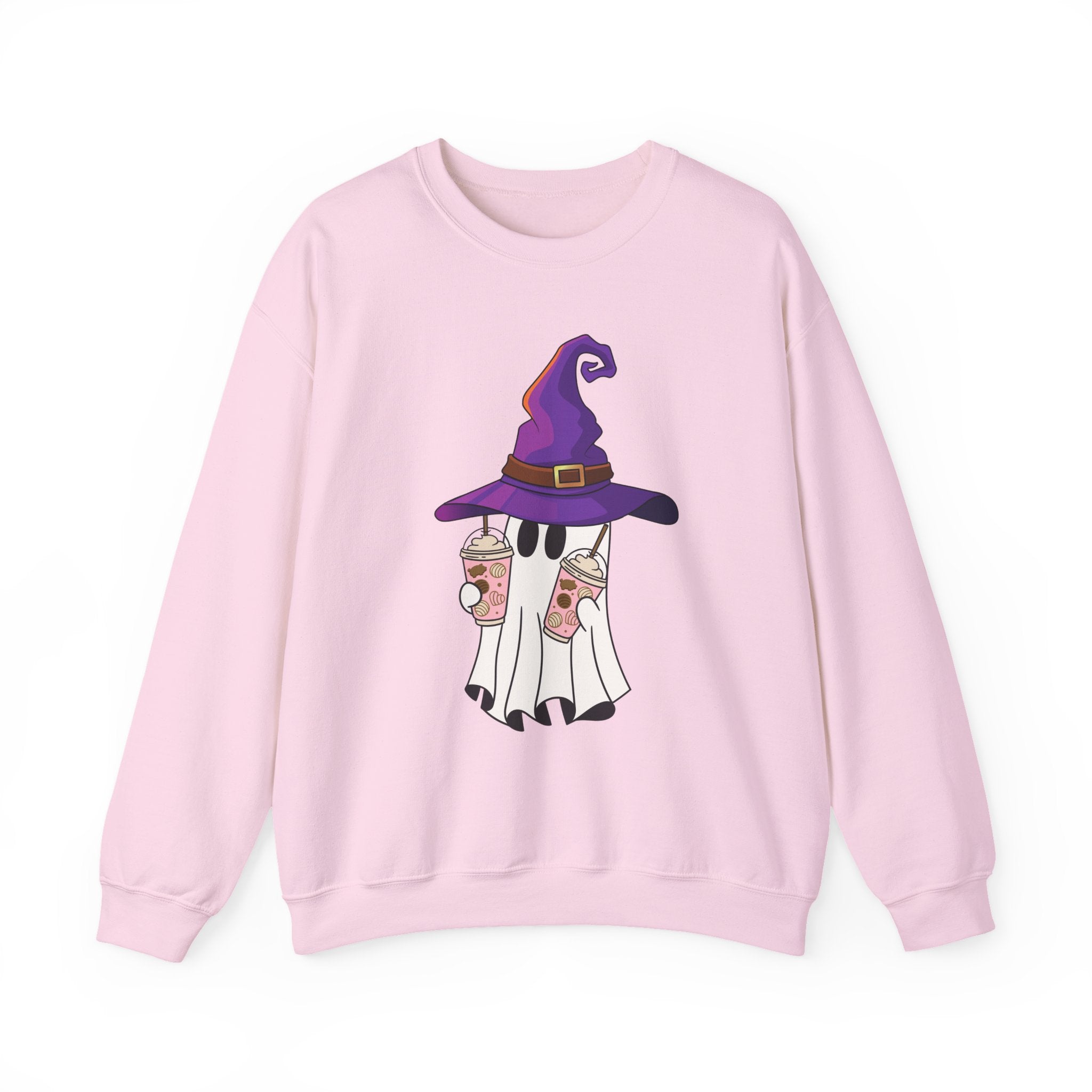 Pink sweatshirt with a ghost wearing a witch hat and holding coffee cups design on a white background