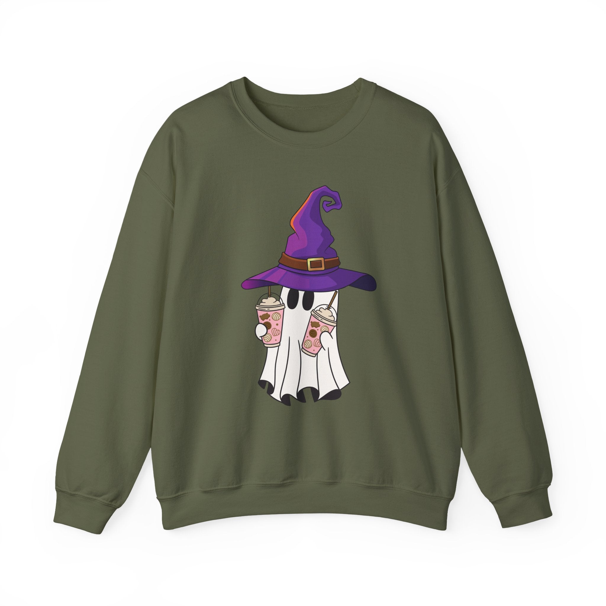 Military green sweatshirt with a ghost wearing a purple witch hat and holding coffee cups design on a white background.