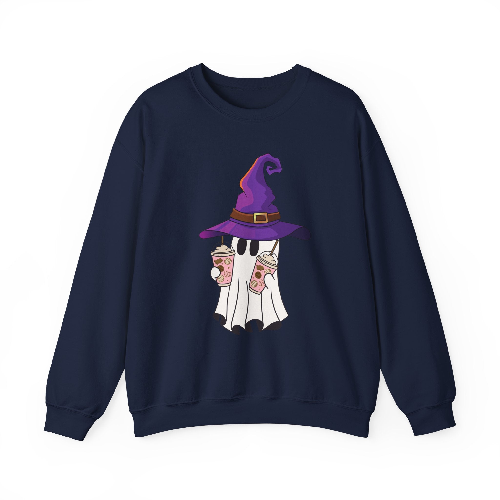 Navy blue sweatshirt with a ghost wearing a witch hat and holding coffee cups design on a white background.