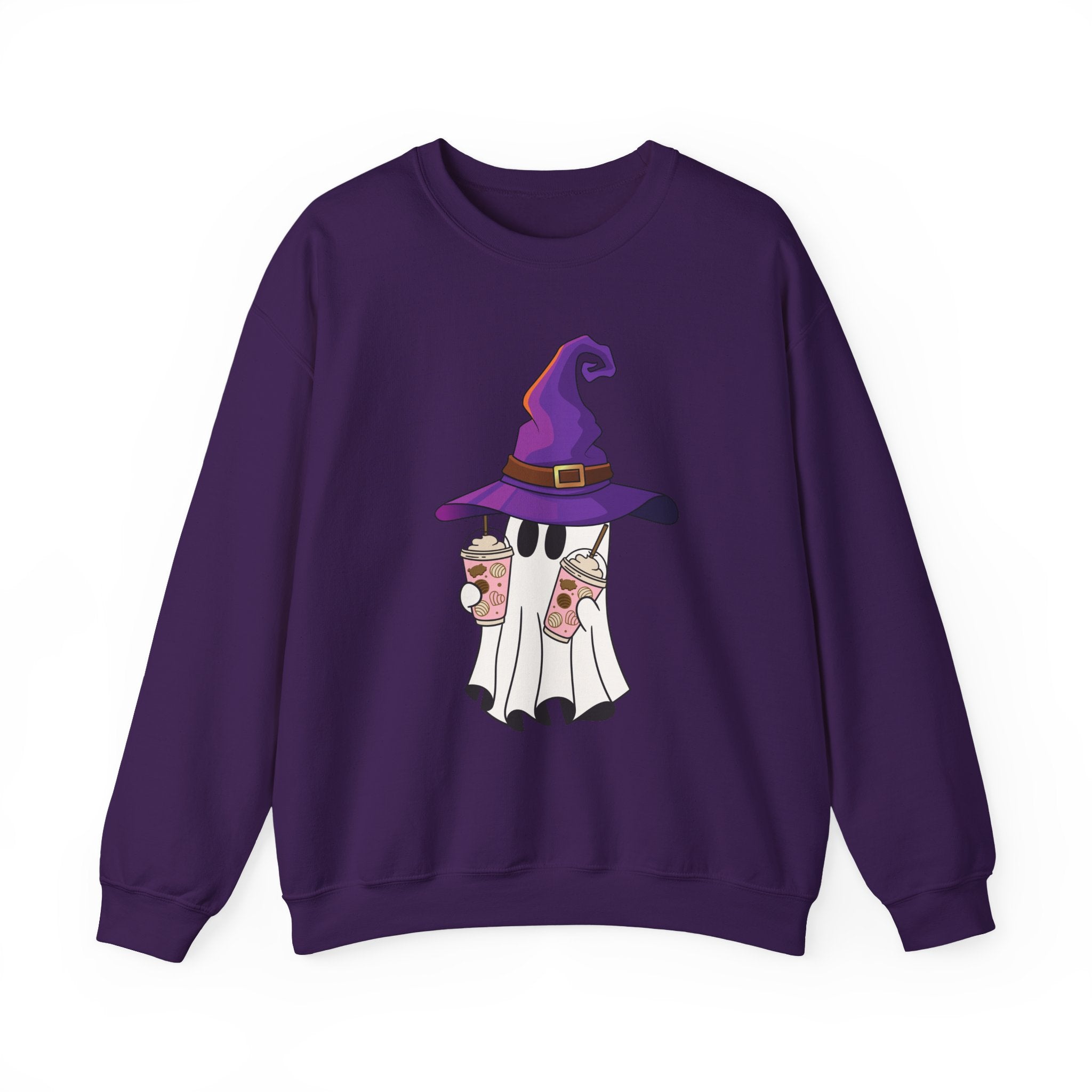 Purple sweatshirt with a ghost wearing a witch hat and holding coffee cups design on a white background