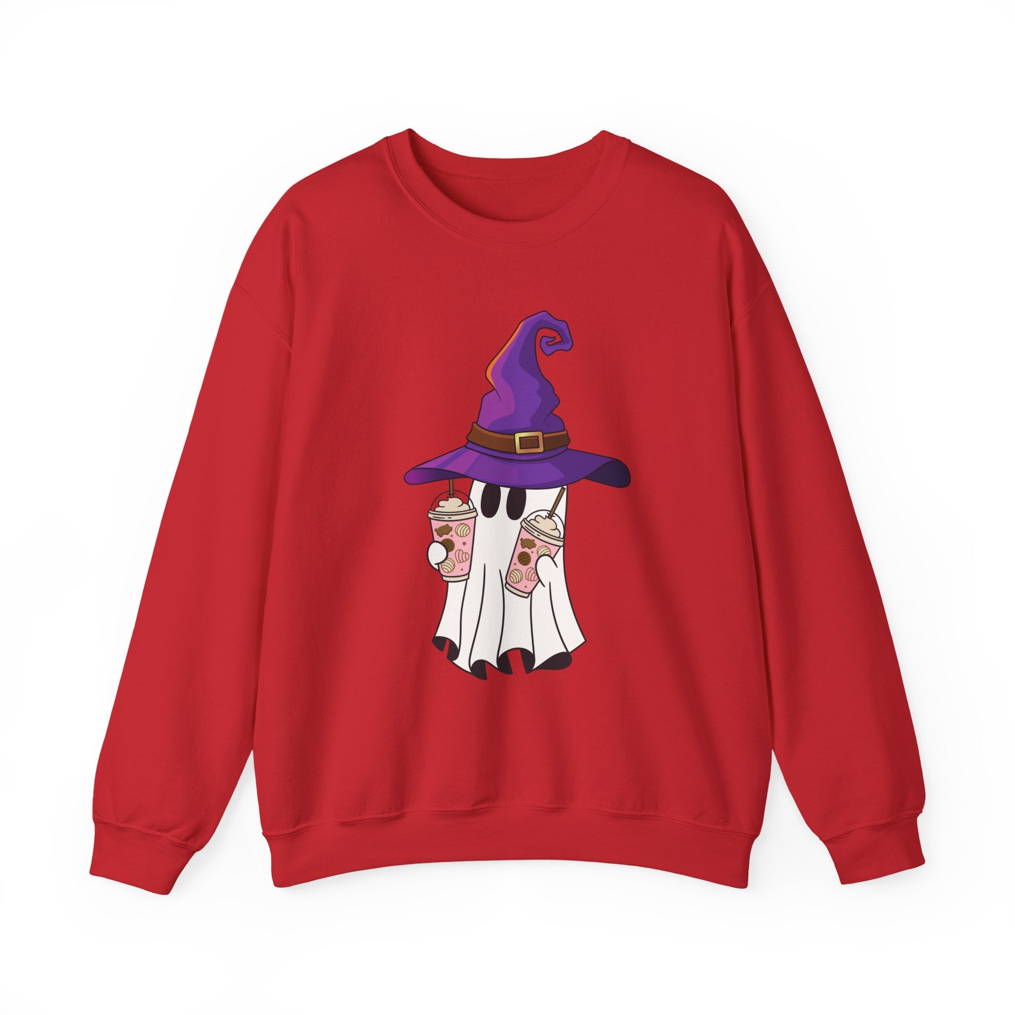 Red sweatshirt with a ghost wearing a purple witch hat design on a white background