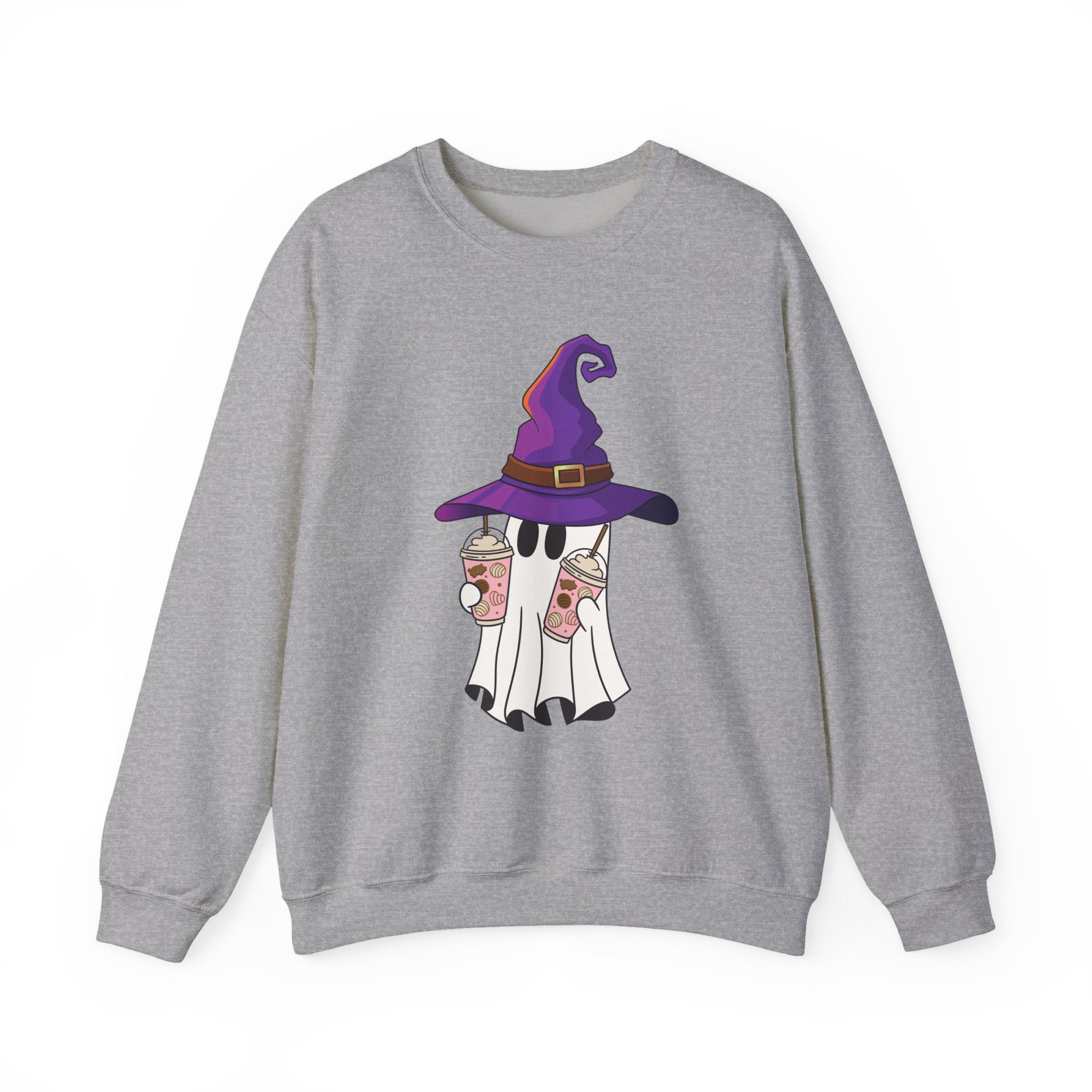 Gray sweatshirt with a ghost wearing a witch hat and holding coffee cups design on a white background