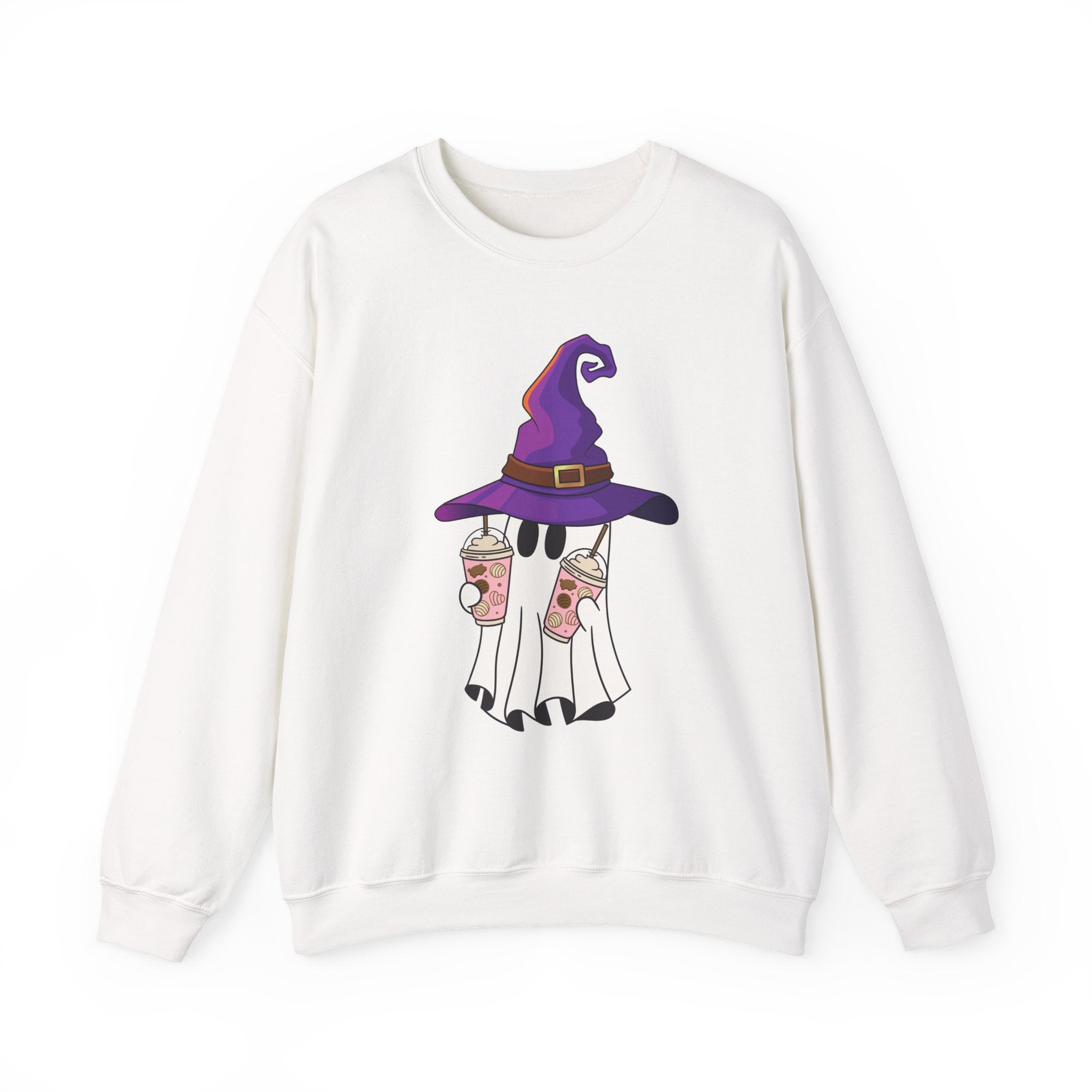 White sweatshirt with a ghost wearing a witch hat and holding a coffee cup design on a white background.