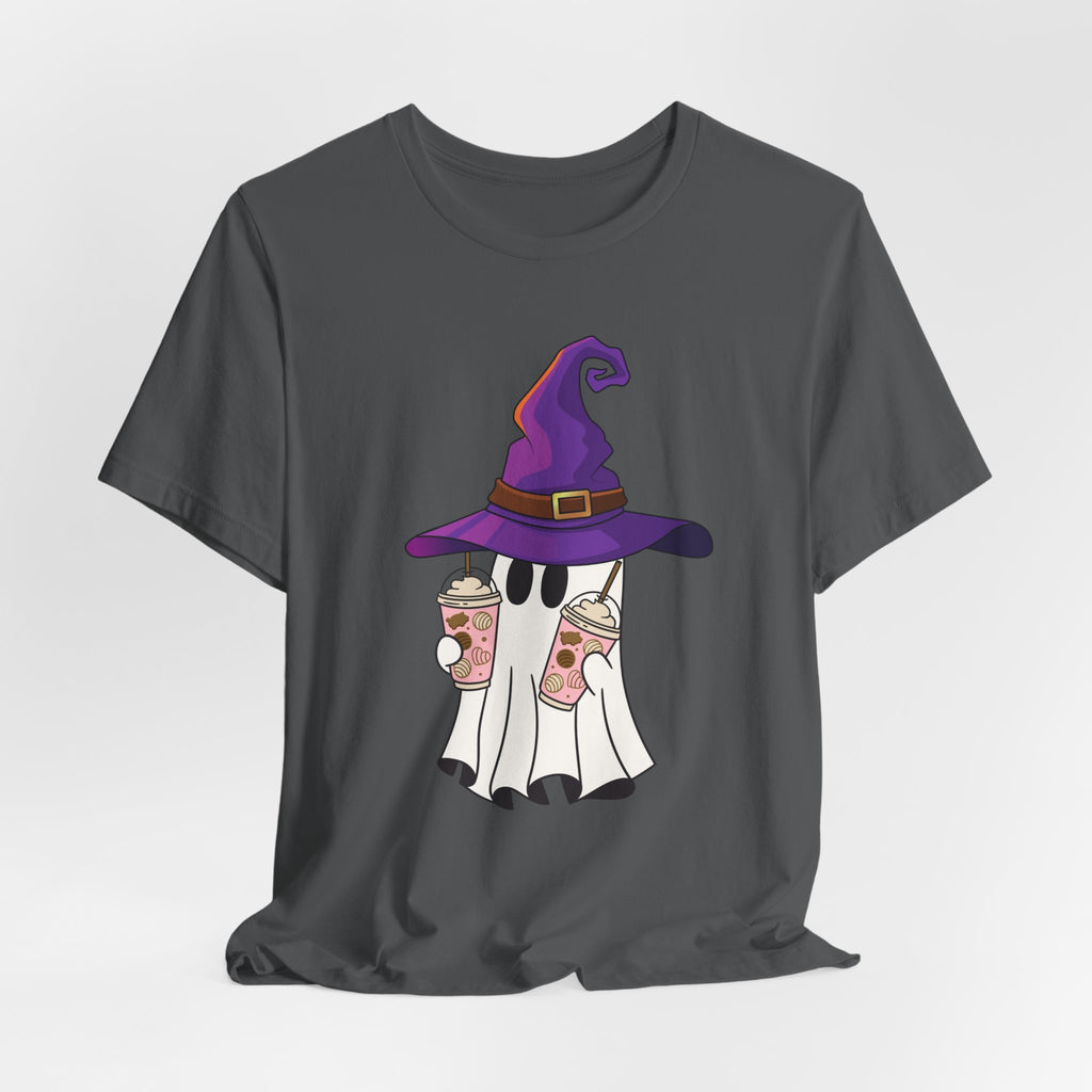 Asphalt gray t-shirt with ghost and purple witch hat graphic holding two cups of  juice on a light gray background 
