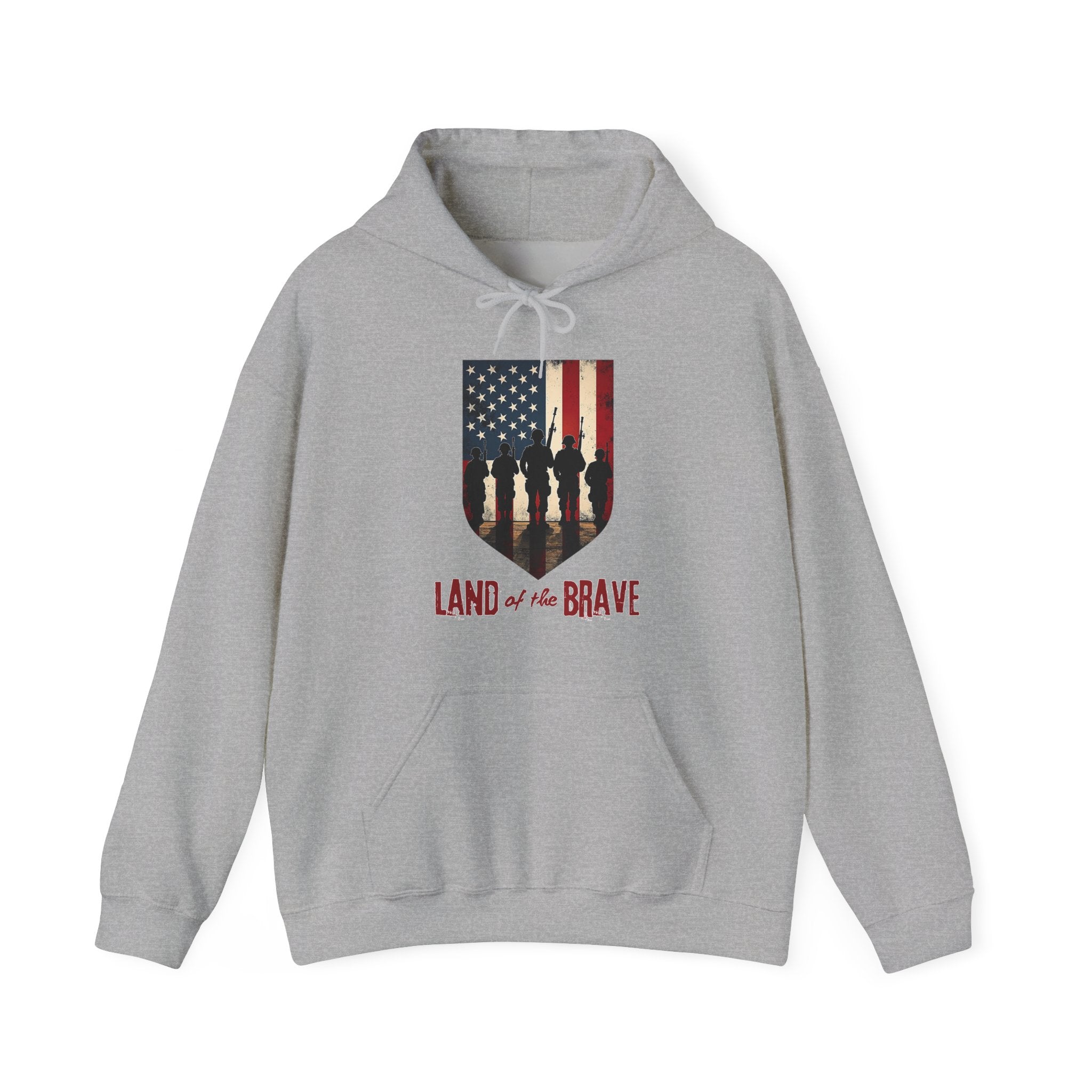 Gray hoodie with American flag and soldier graphic on a white background