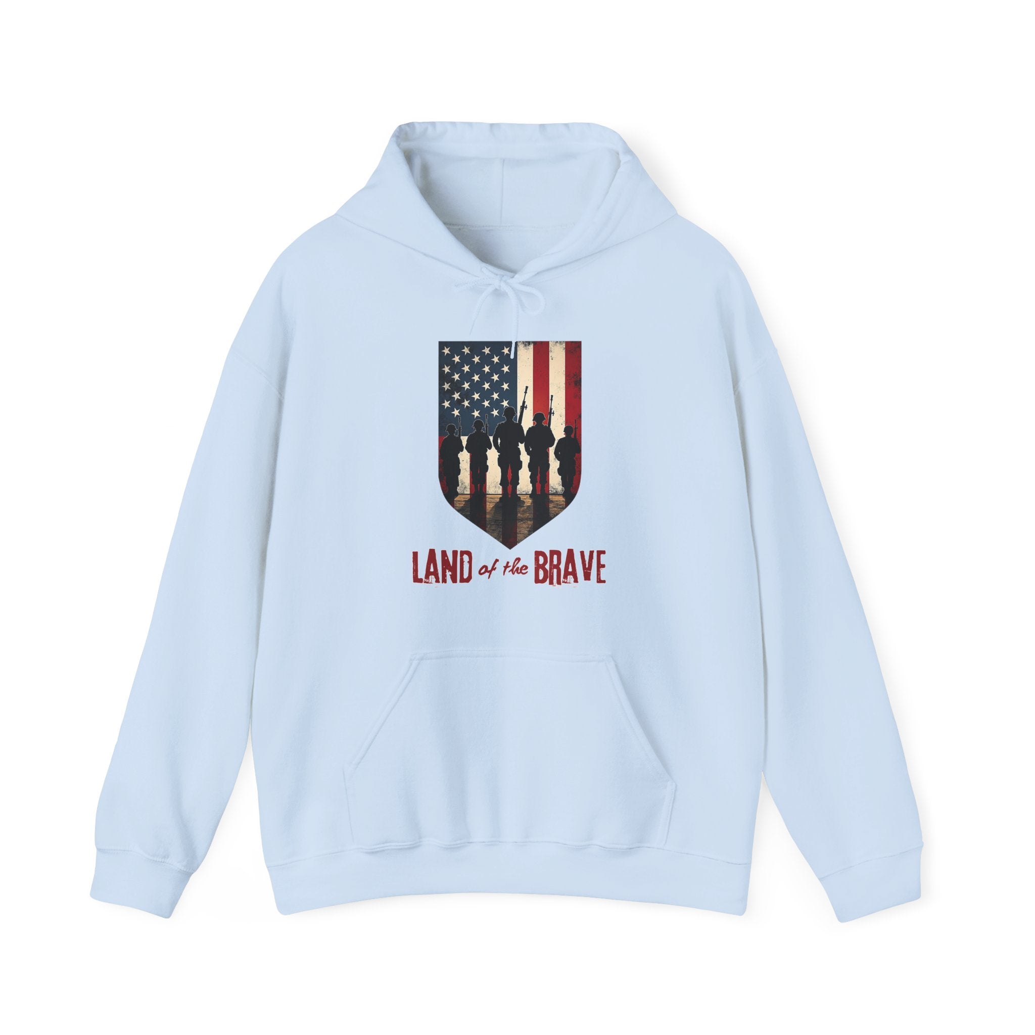 Light blue hoodie with 'Land of the Brave' graphic on a white background