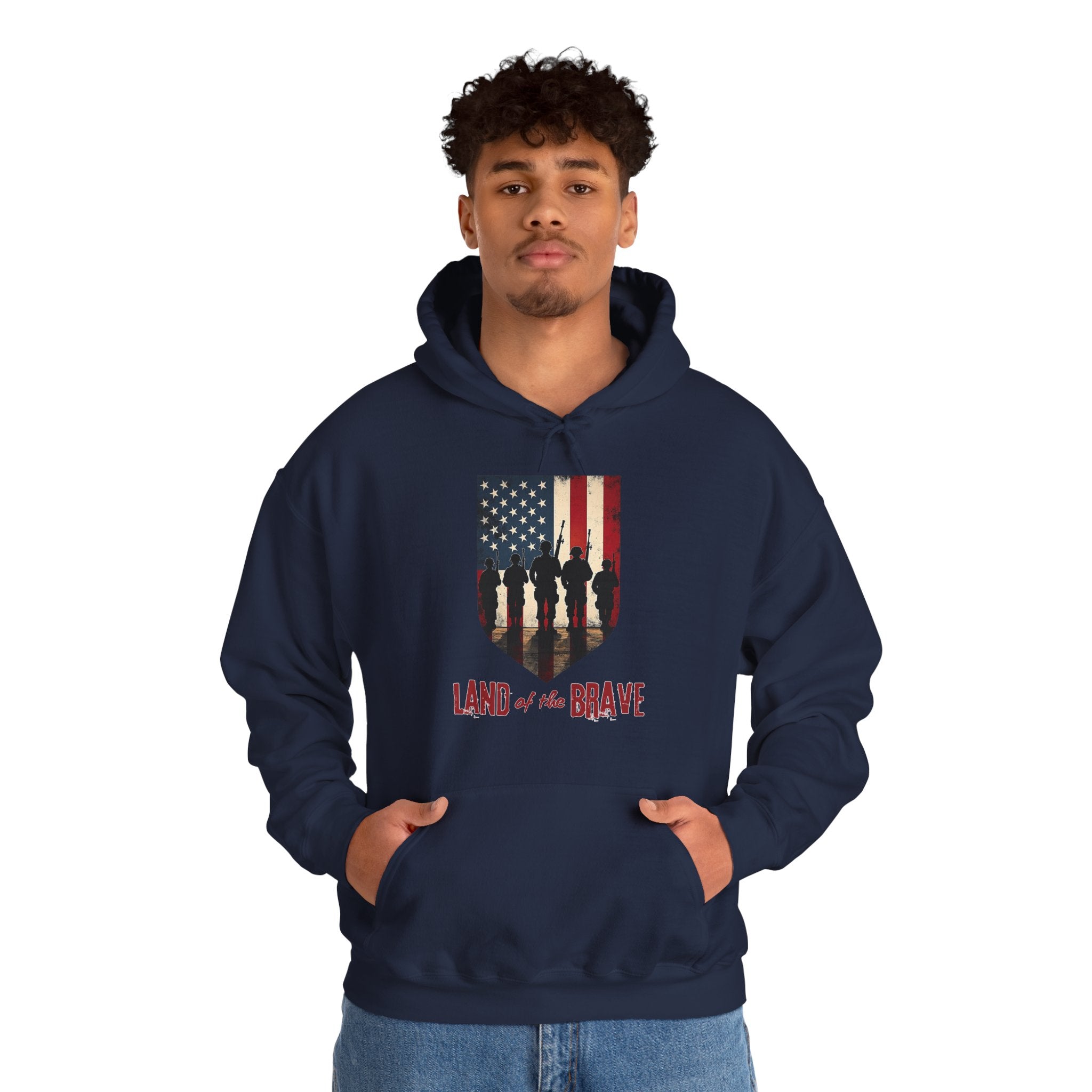 Person wearing a navy hoodie with an American flag design and text on a white background