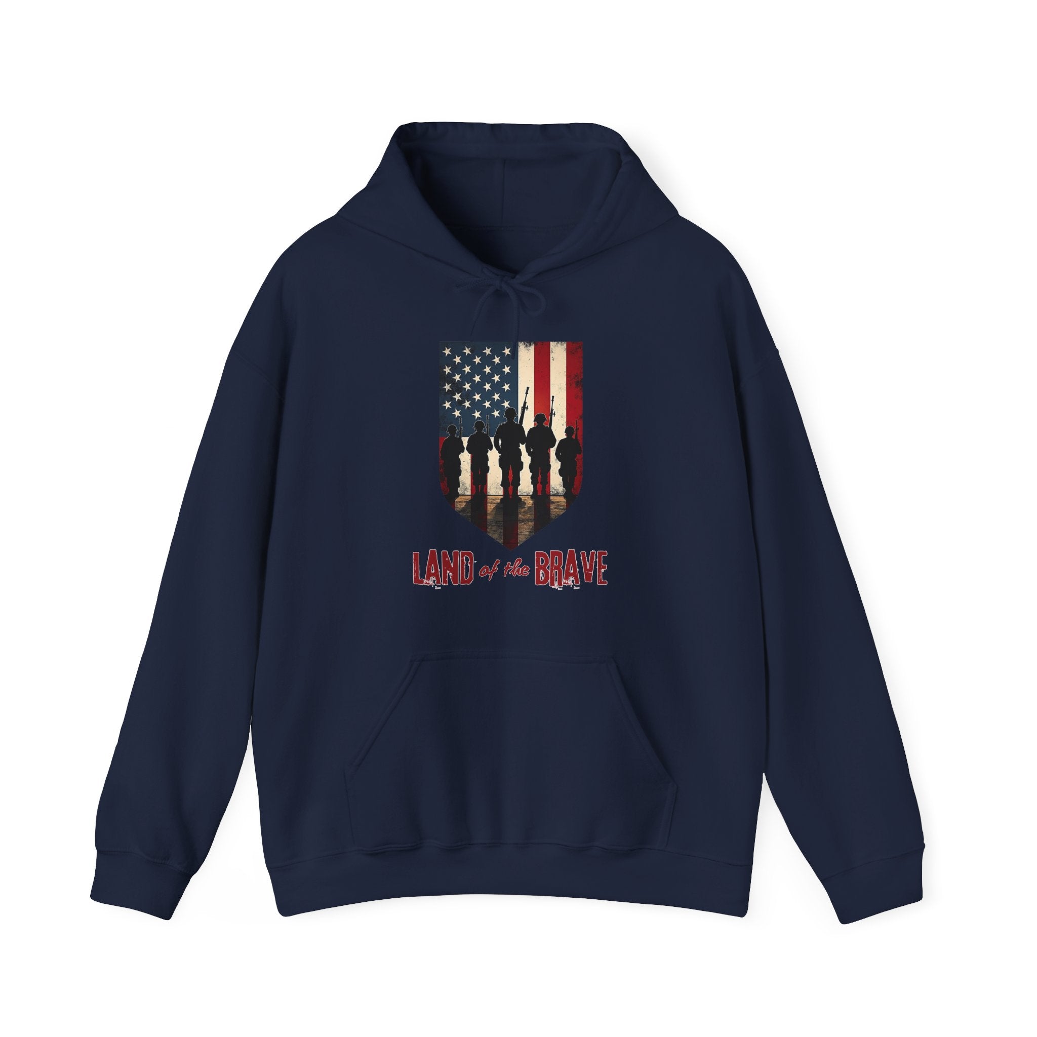 Navy blue hoodie with American flag and silhouette design on a white background