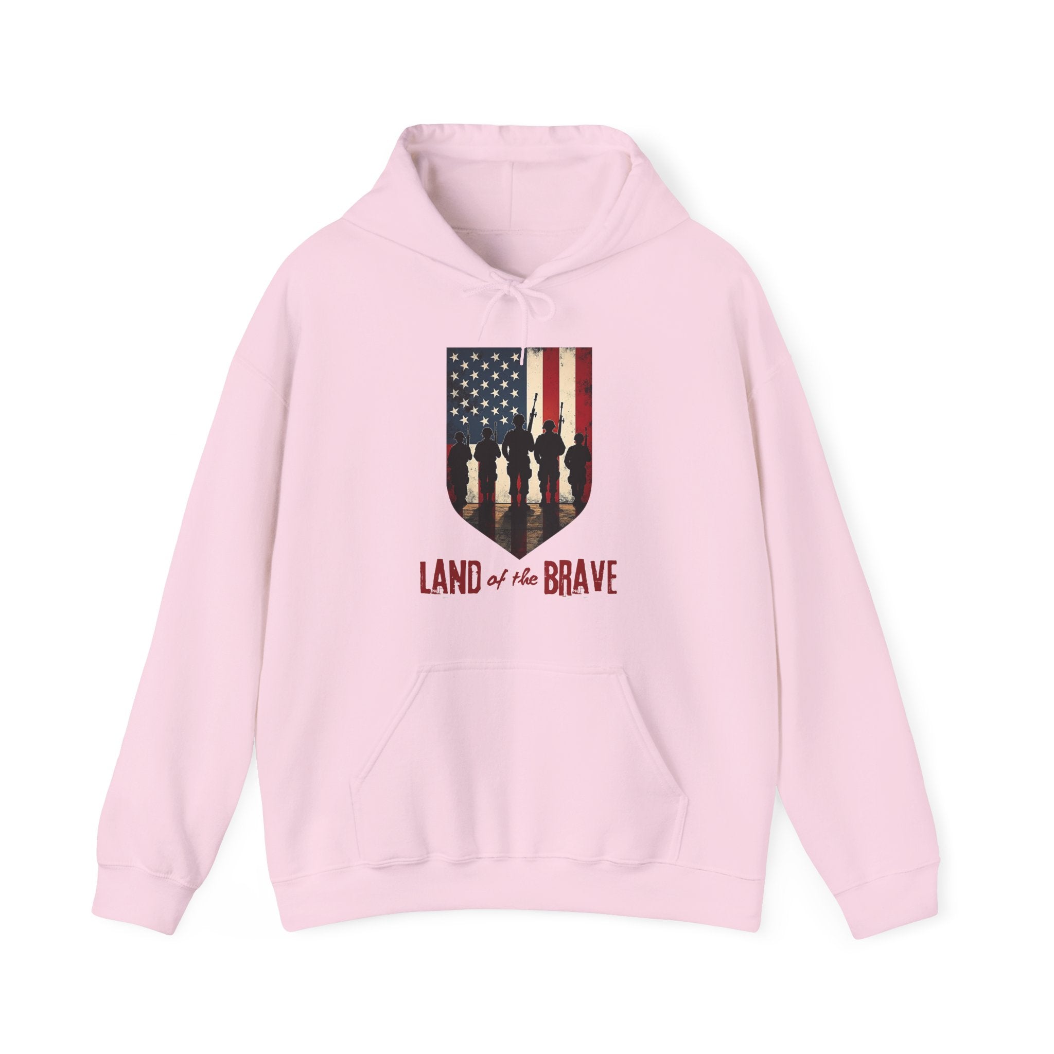 Pink hoodie with 'Land of the Brave' graphic on a white background