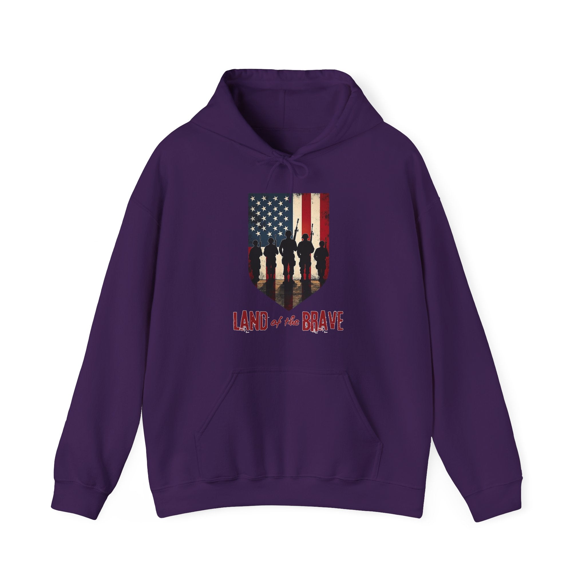 Purple hoodie with American flag and soldier graphic on a white background
