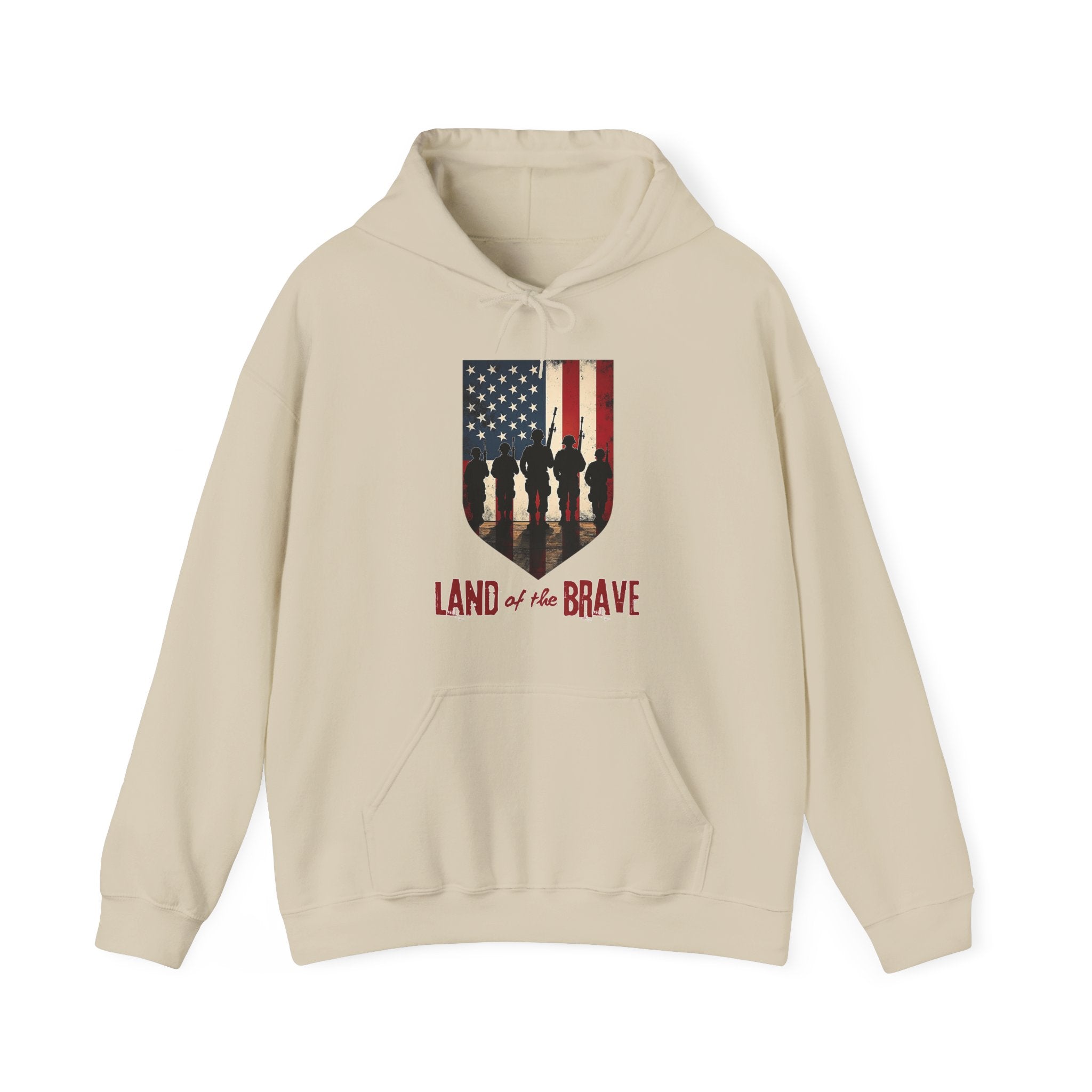 Beige hoodie with American flag and silhouette design on a white background