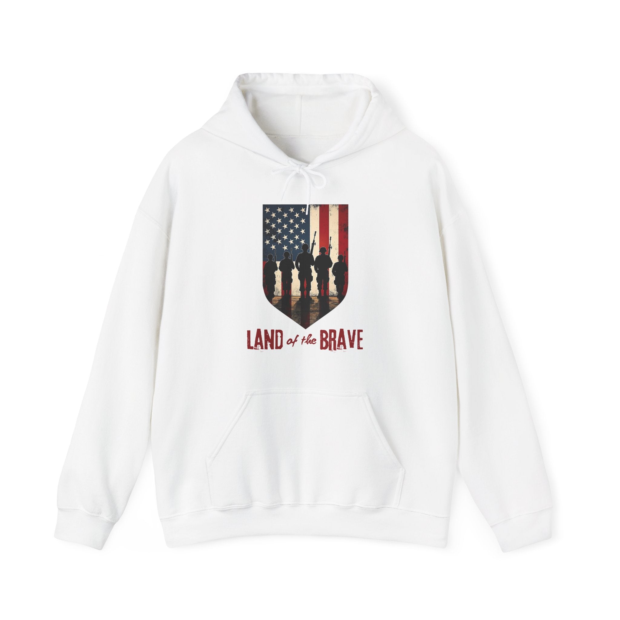 White hoodie with 'Land of the Brave' graphic on a white background