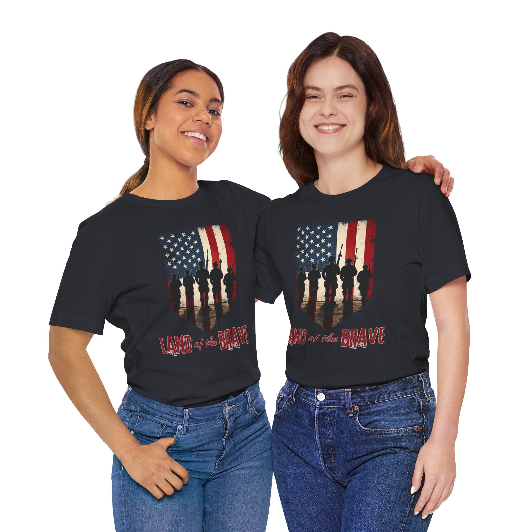 Two people wearing black t-shirts with a graphic design of an American flag and text.