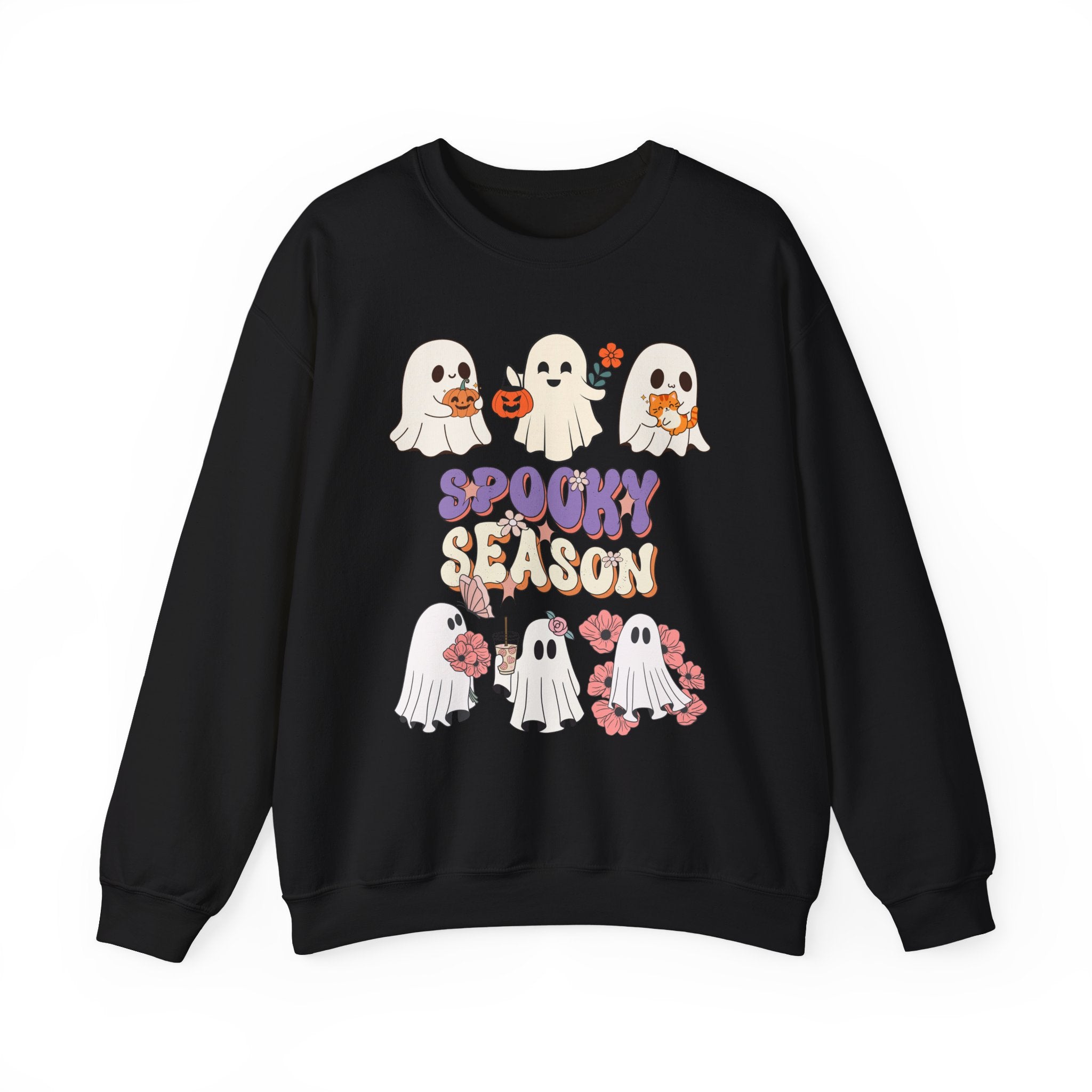 Black sweatshirt with Halloween-themed design featuring ghosts and 'Spooky Season' text on a white background.