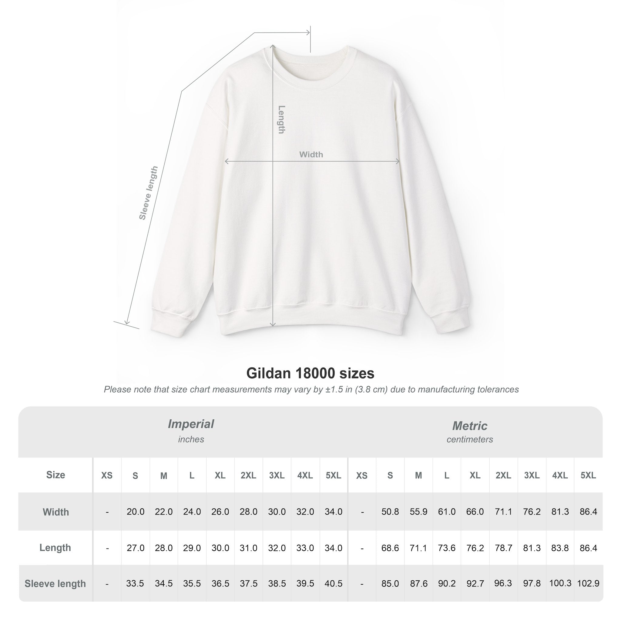 Sweatshirt size dimension chart