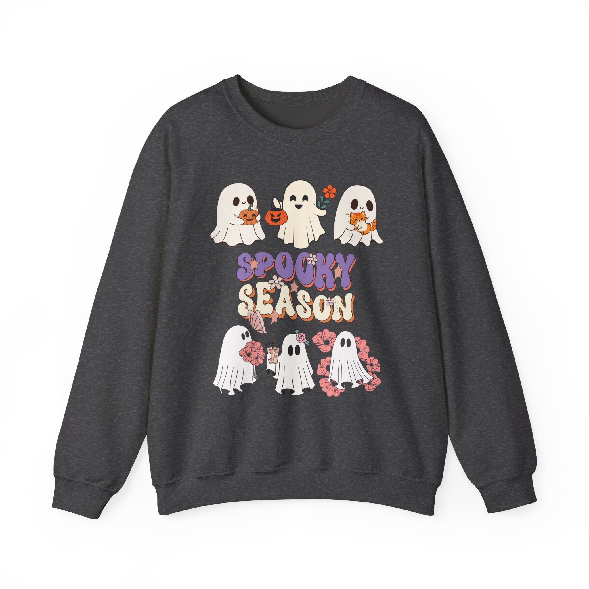 Dark heather sweatshirt with Halloween-themed design featuring ghosts and 'Spooky Season' text on a white background.