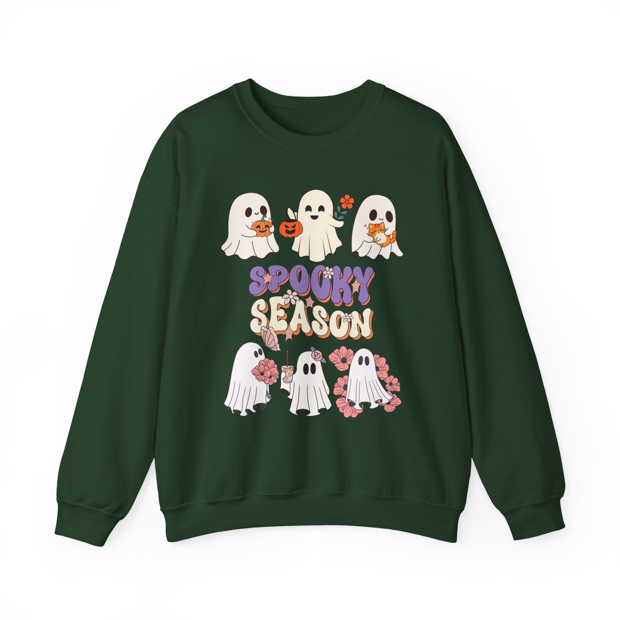 Forest green sweatshirt with Halloween-themed design featuring ghosts and 'Spooky Season' text on a white background.