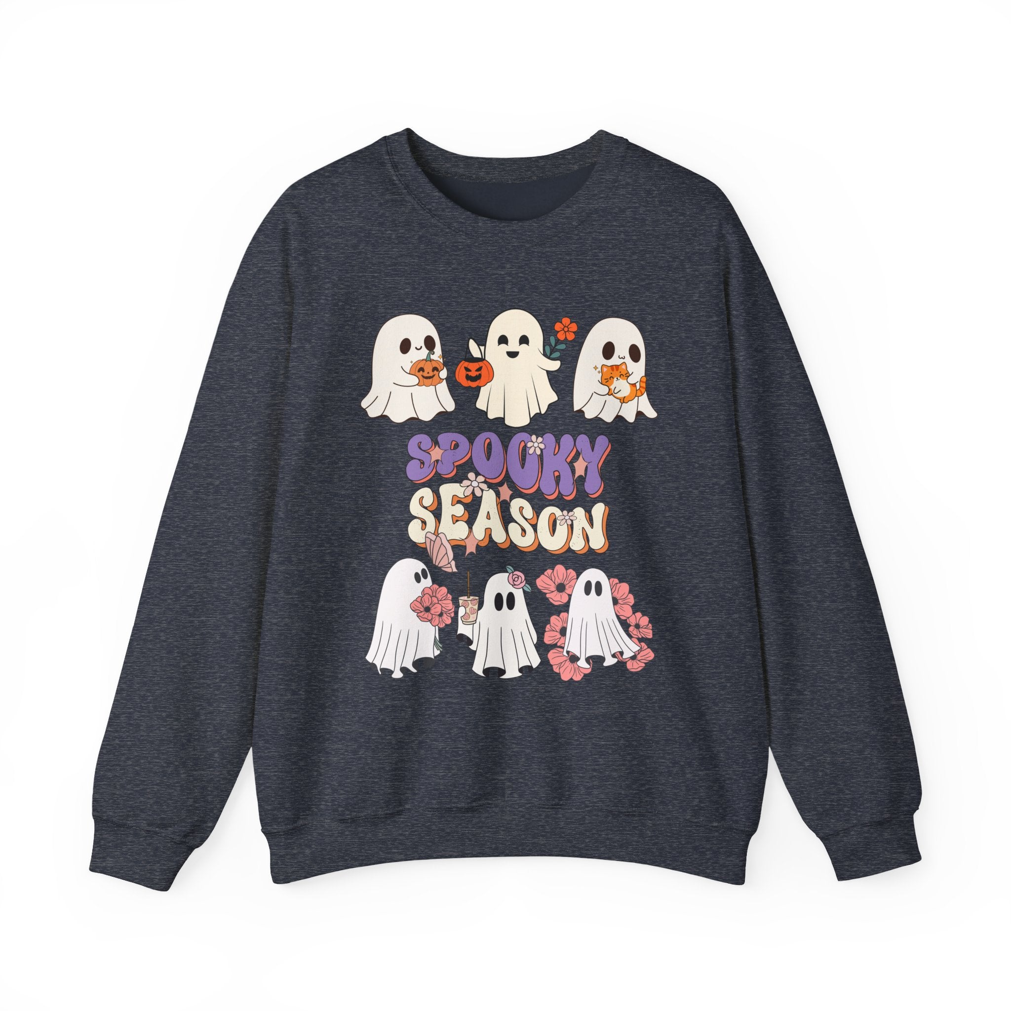Dark gray sweatshirt with Halloween-themed design featuring ghosts and 'Spooky Season' text on a white background.