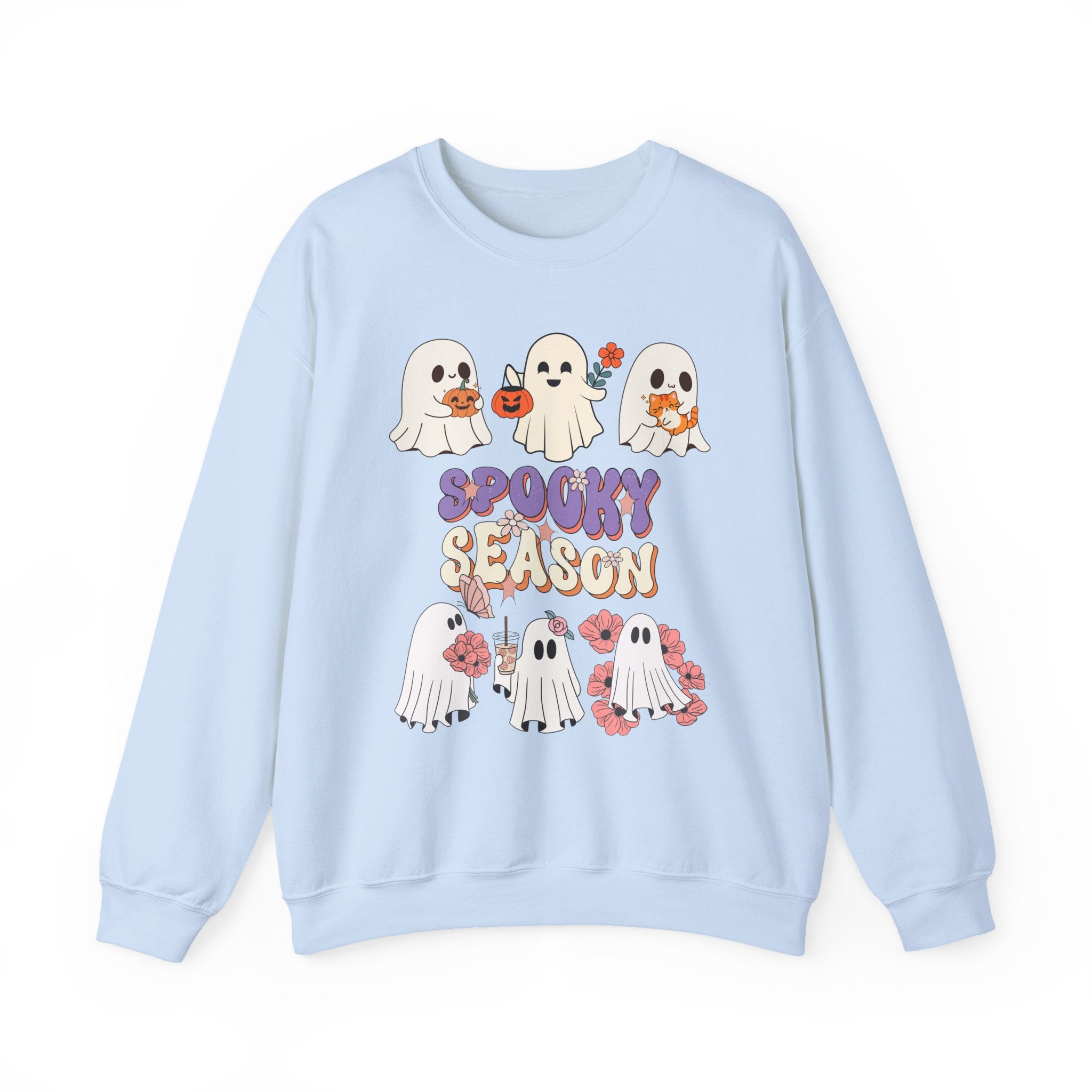 Light blue sweatshirt with cartoon ghosts and 'Spooky Season' text on a white background