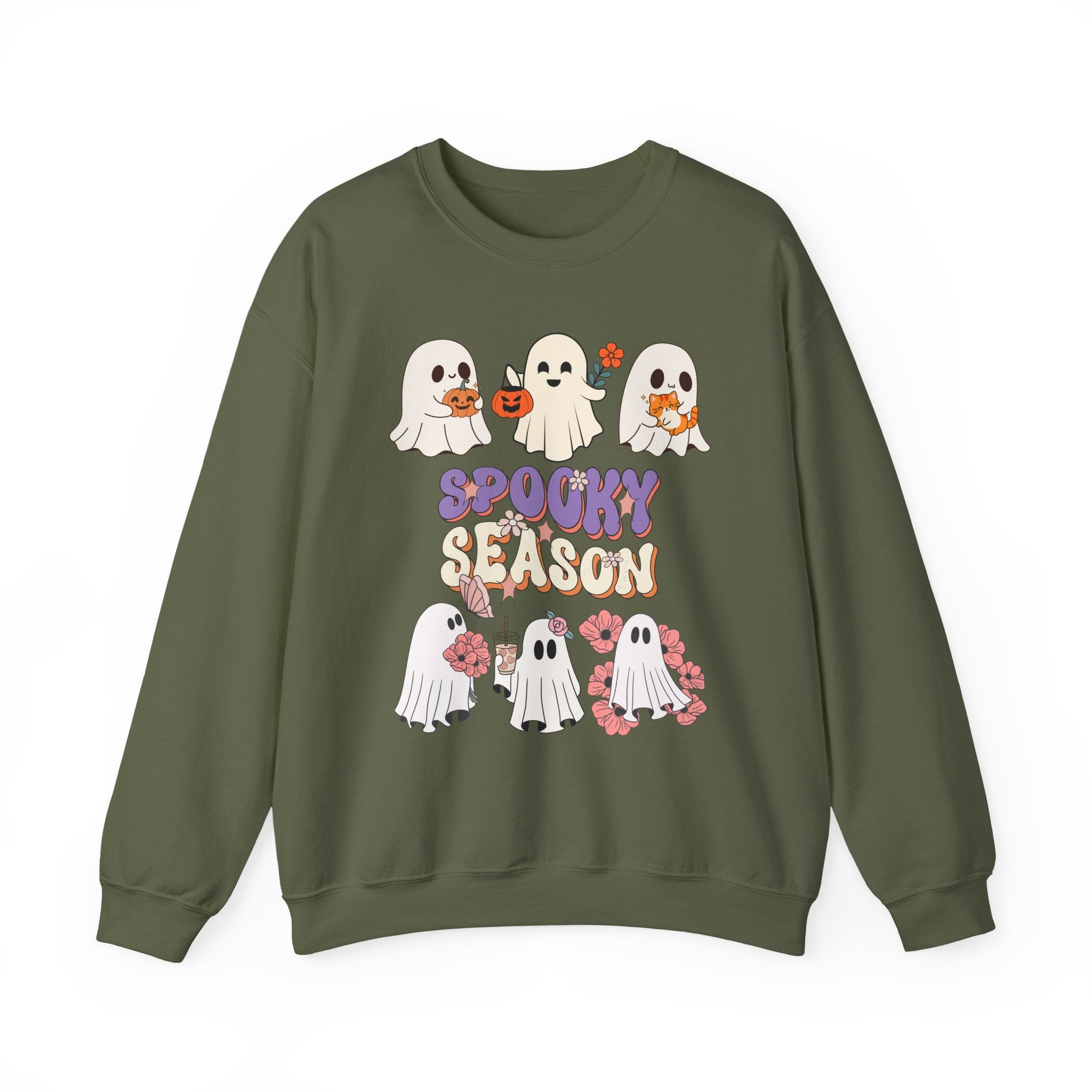 Military green sweatshirt with Halloween-themed design featuring ghosts and 'Spooky Season' text on a white background.