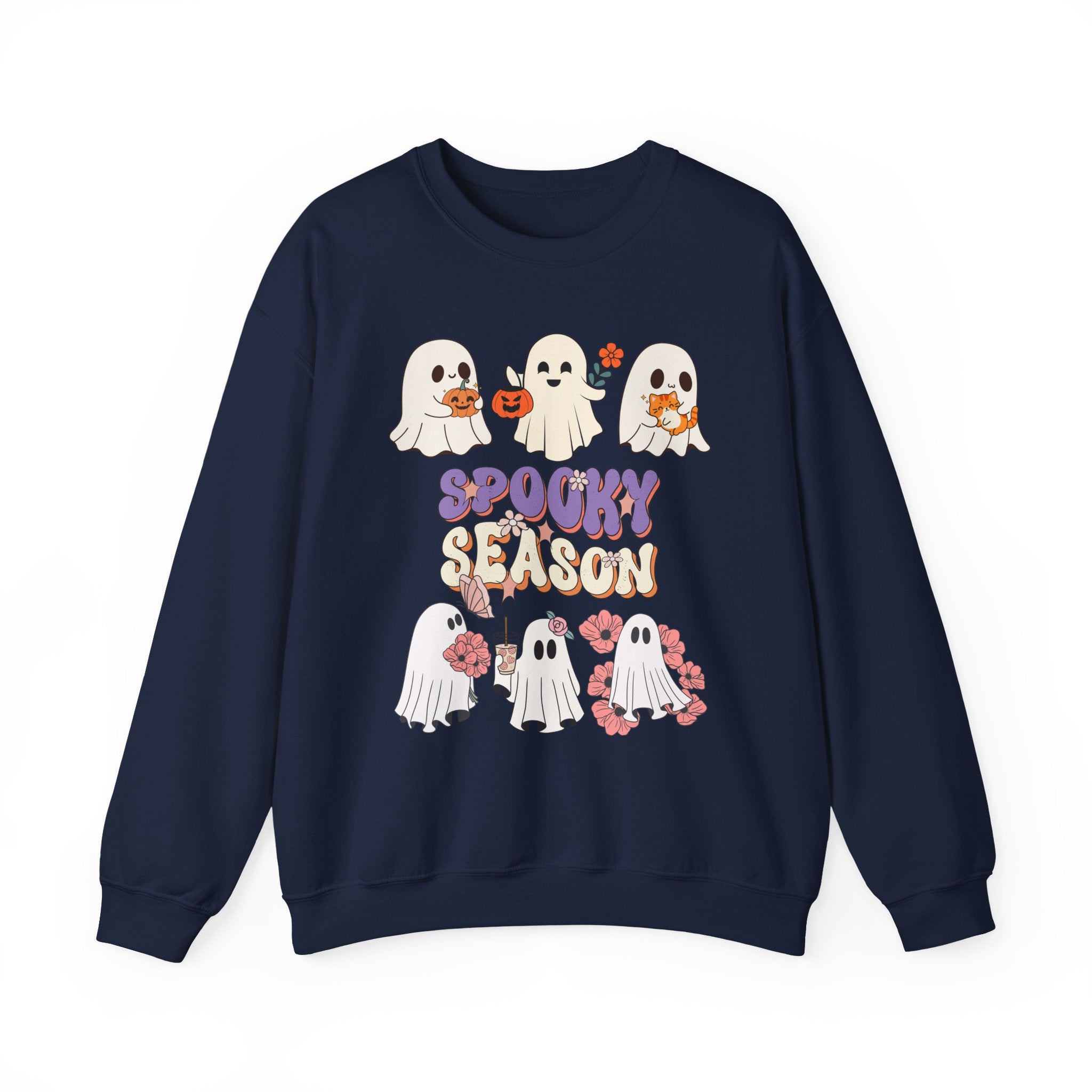 Navy blue sweatshirt with Halloween-themed design featuring ghosts and 'Spooky Season' text on a white background.