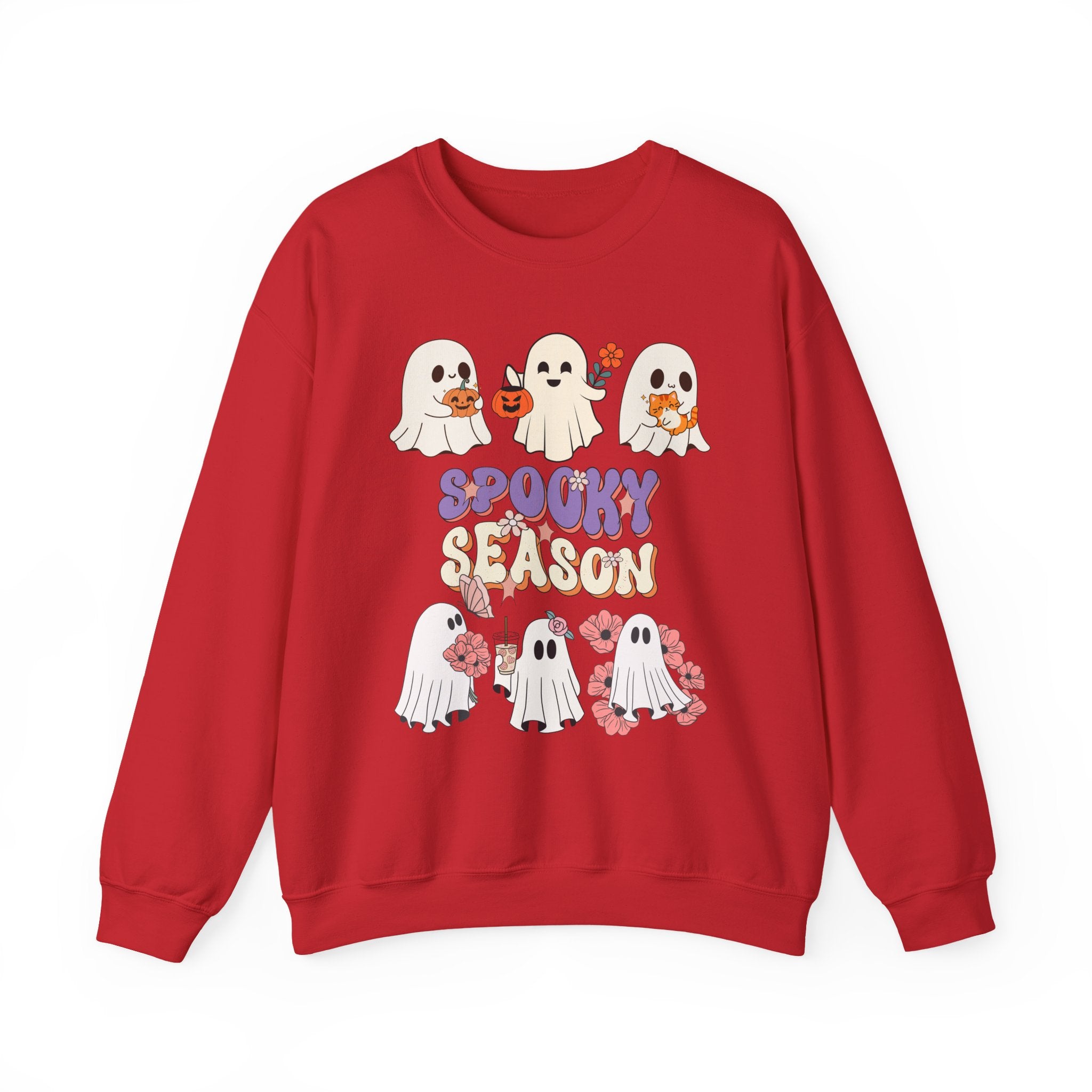 Red sweatshirt with Halloween-themed design featuring ghosts and 'Spooky Season' text on a white background.