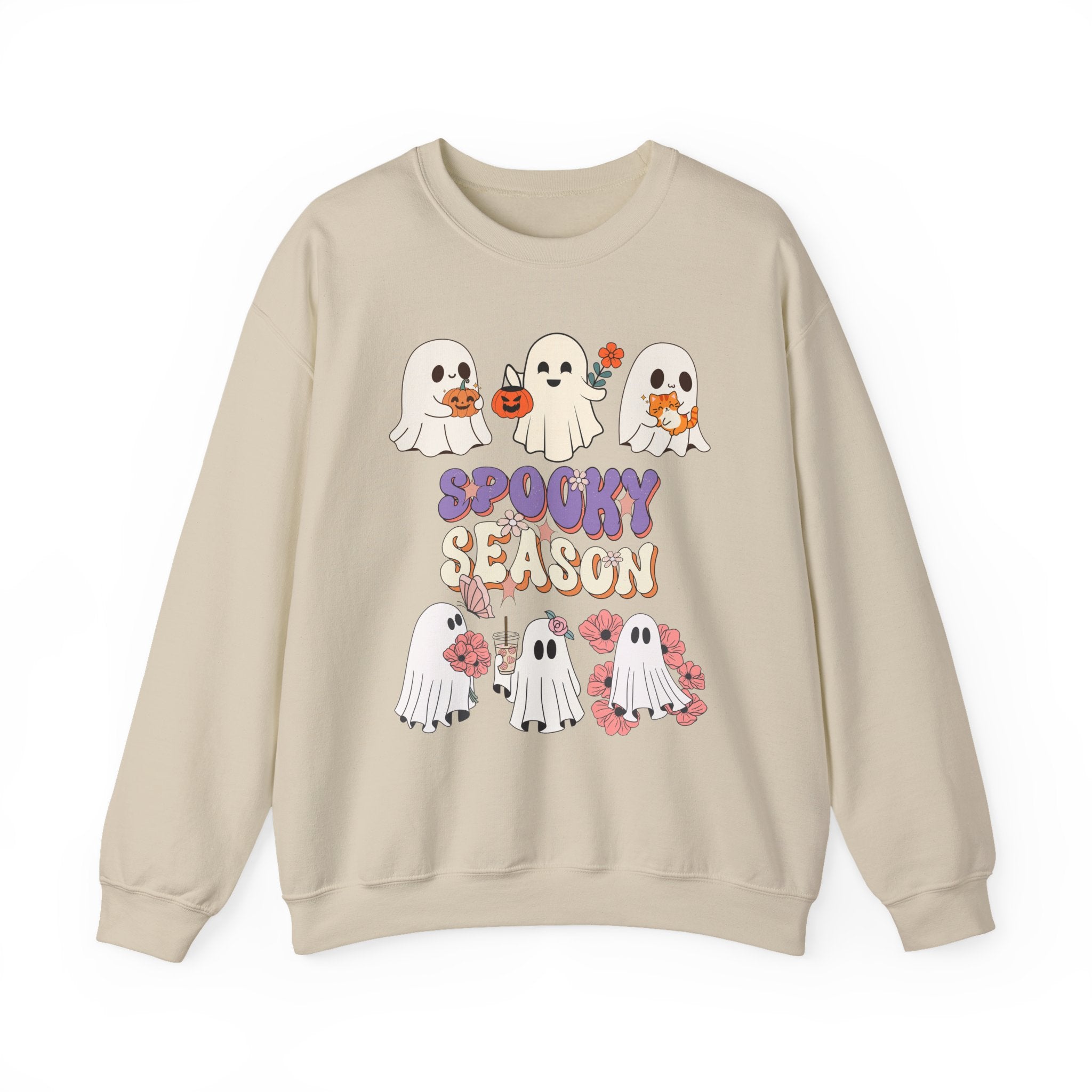 Beige sweatshirt with cartoon ghosts and 'Spooky Season' text on a white background