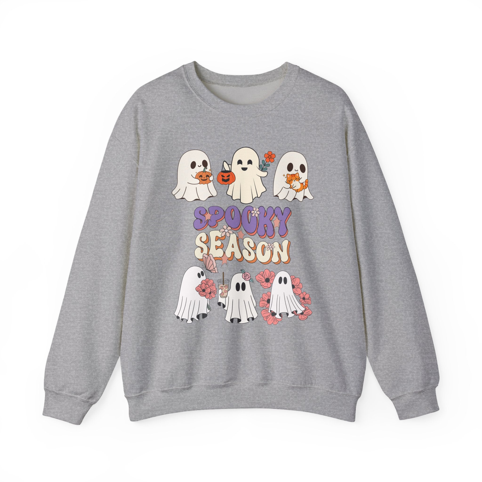 Gray sweatshirt with Halloween-themed design featuring ghosts and 'Spooky Season' text on a white background.