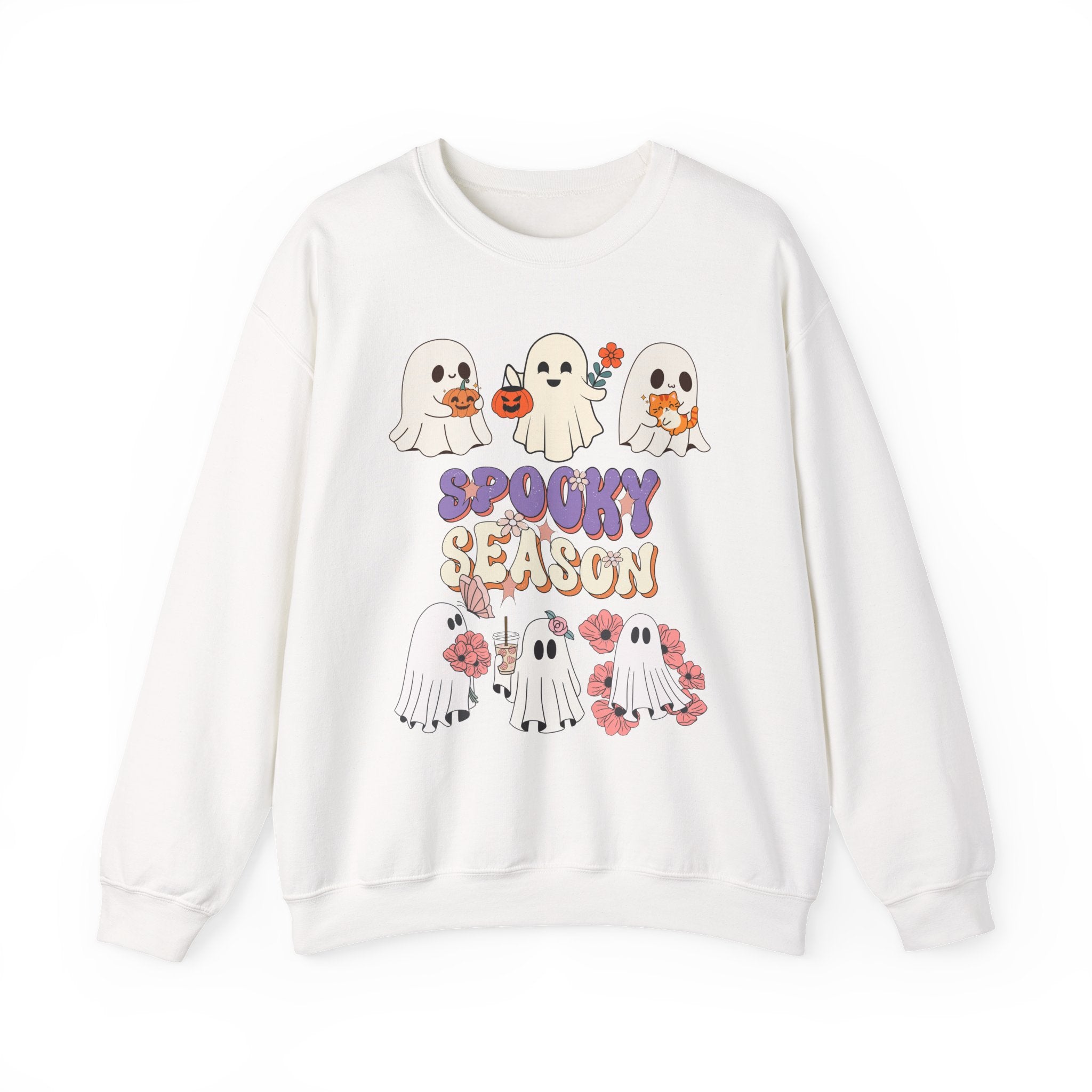 White sweatshirt with Halloween-themed design featuring ghosts and 'Spooky Season' text on a white background.